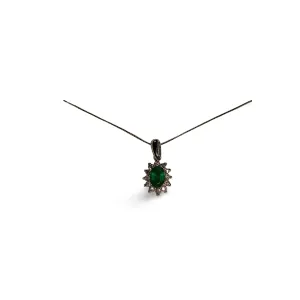 Beautiful 14K White Gold Oval Natural Emerald Diamond Drop Pendant Necklace