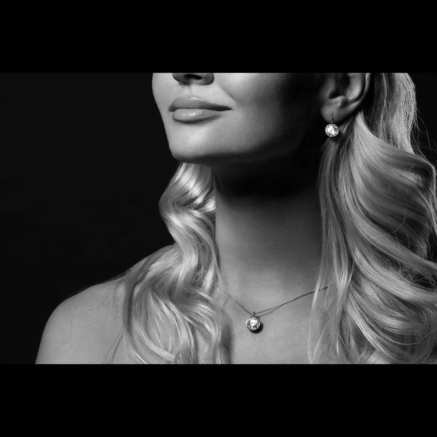 Bella Pendant Necklace with Black Diamond Round Crystals from Swarovski Silver Toned Rhodium Plated