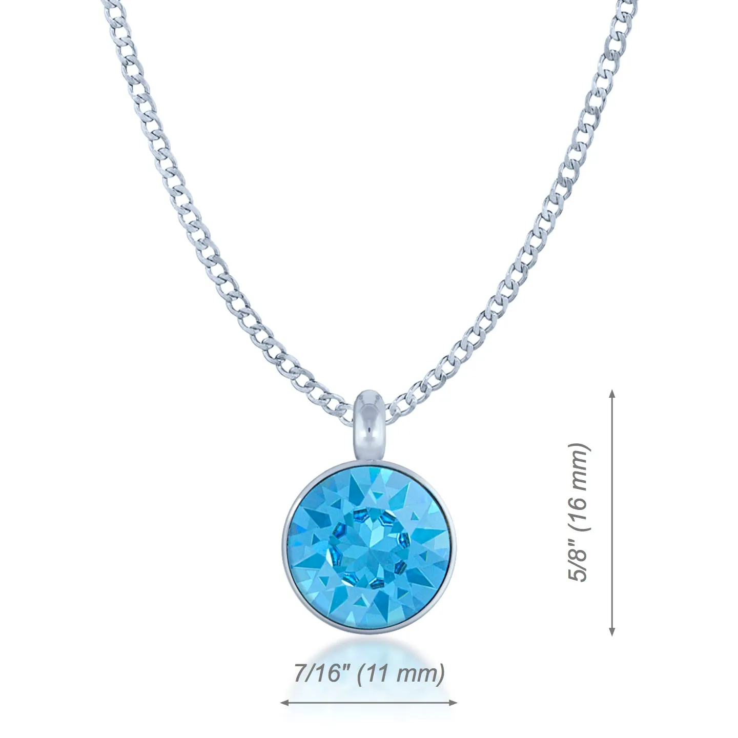 Bella Pendant Necklace with Blue Aquamarine Round Crystals from Swarovski Silver Toned Rhodium Plated