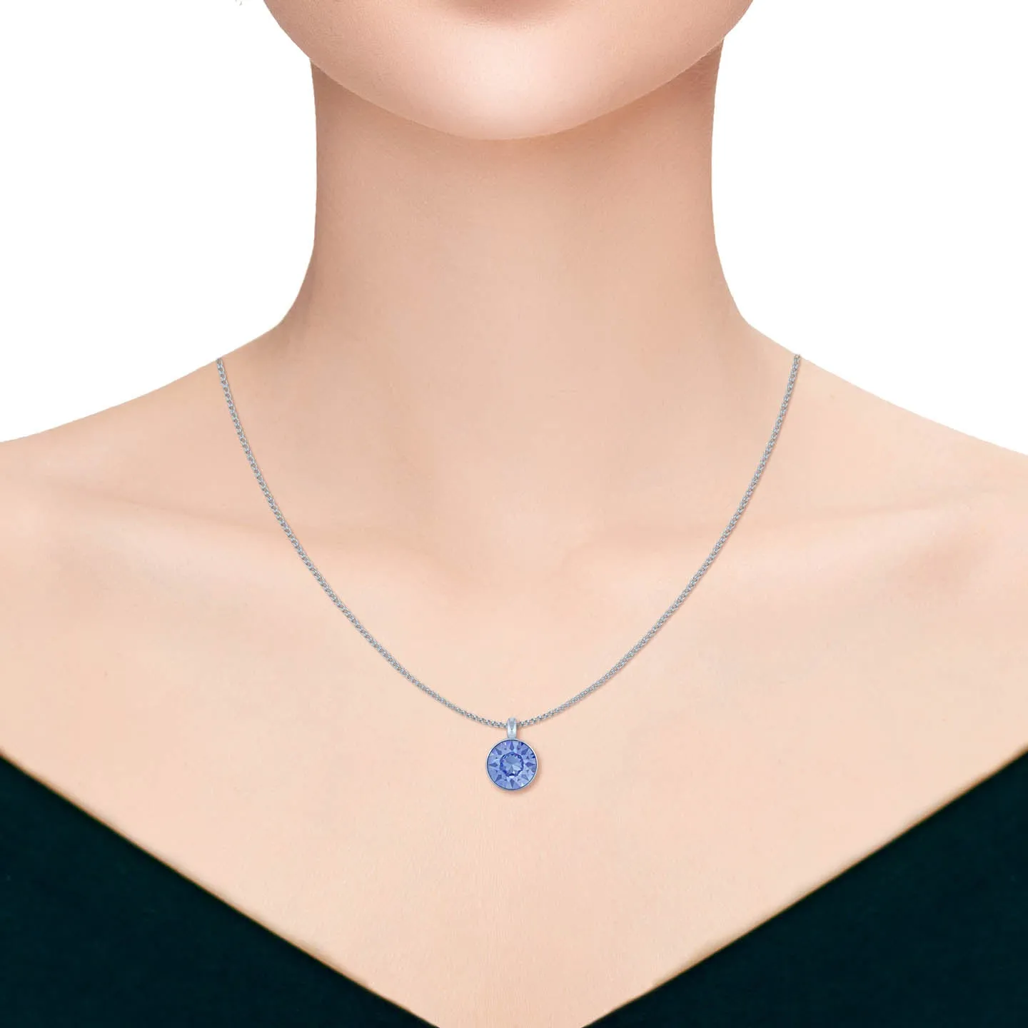 Bella Pendant Necklace with Blue Light Sapphire Round Crystals from Swarovski Silver Toned Rhodium Plated