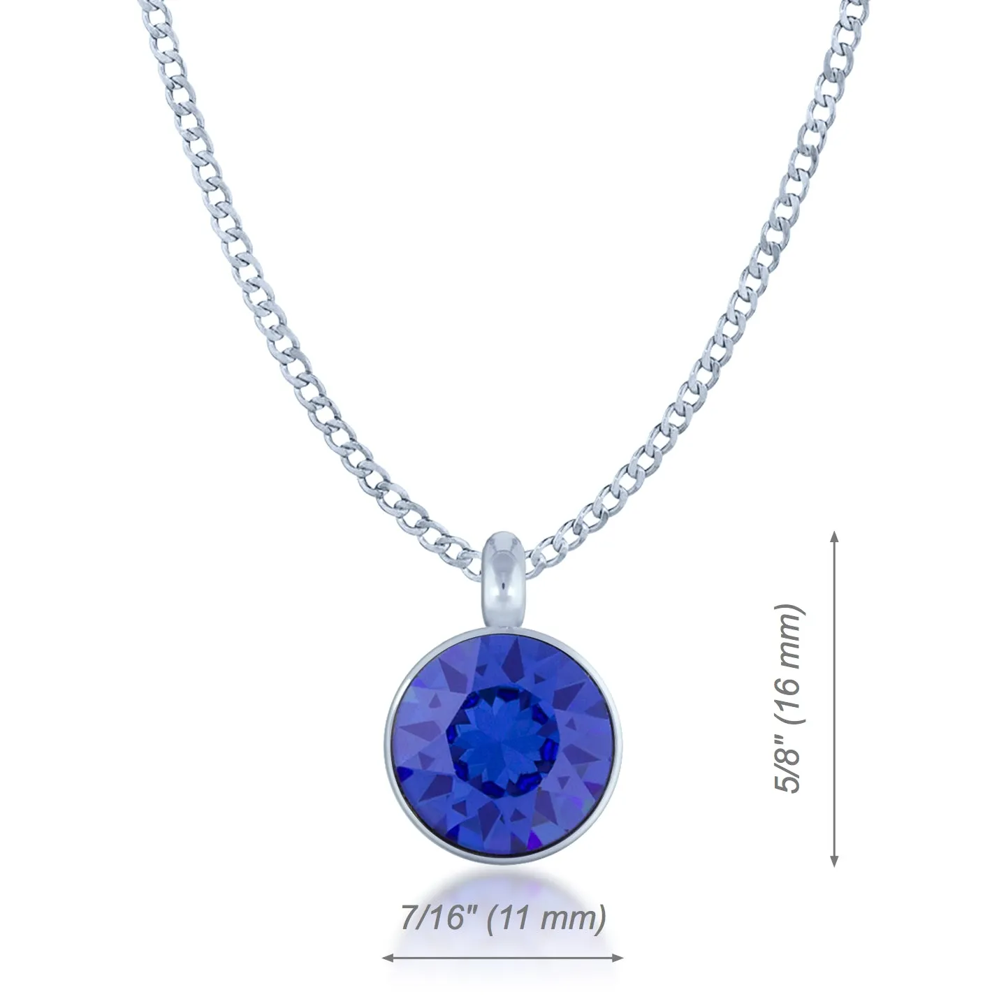 Bella Pendant Necklace with Blue Sapphire Round Crystals from Swarovski Silver Toned Rhodium Plated
