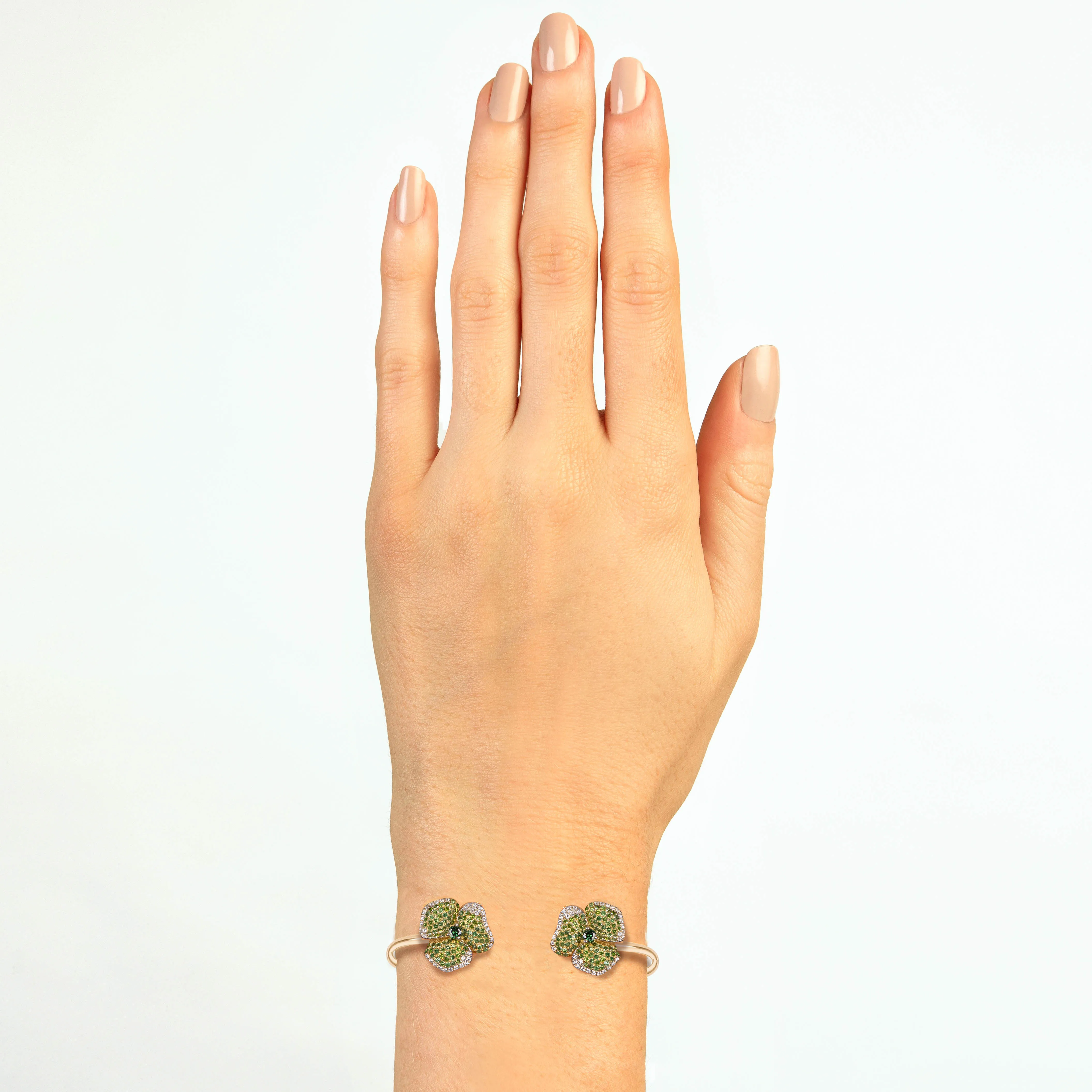 Bloom Small Flower Natural and Green Diamond Bangle in Yellow Gold