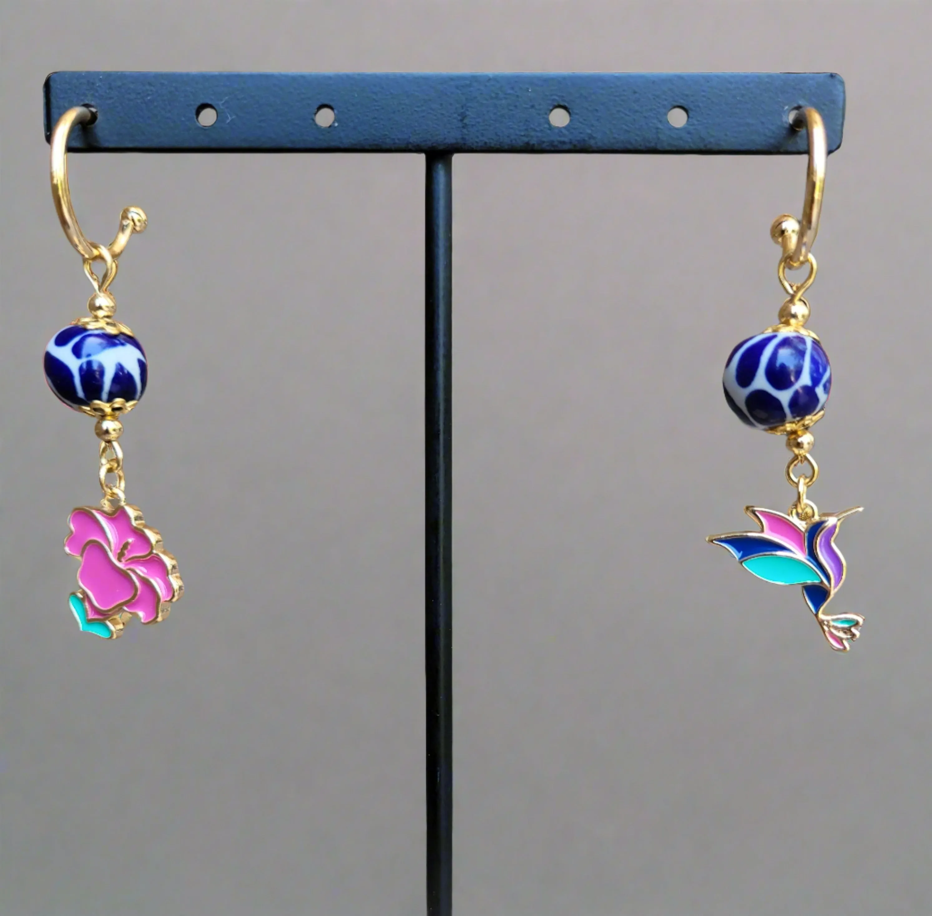 Blue Humming bird and🌸 earrings