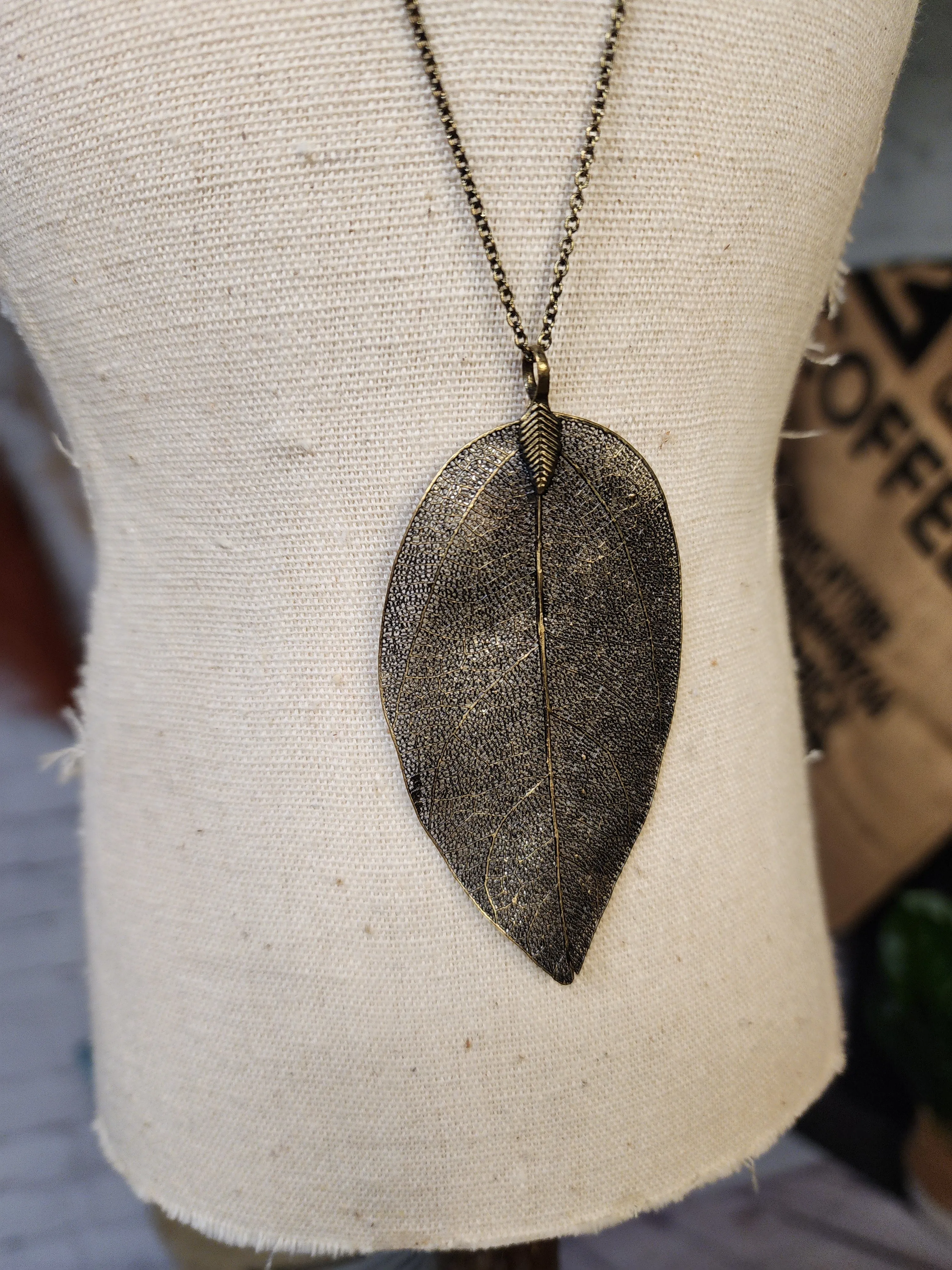 Bronzed Filigree Leaf pendant necklace *