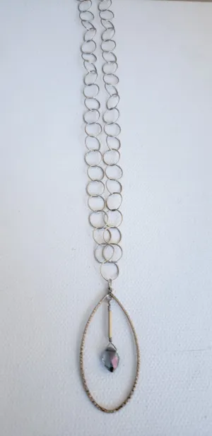 Brushed Oval Pendant Necklace with Iridescent Mystic Topaz Drop on Sterling Silver Chain.