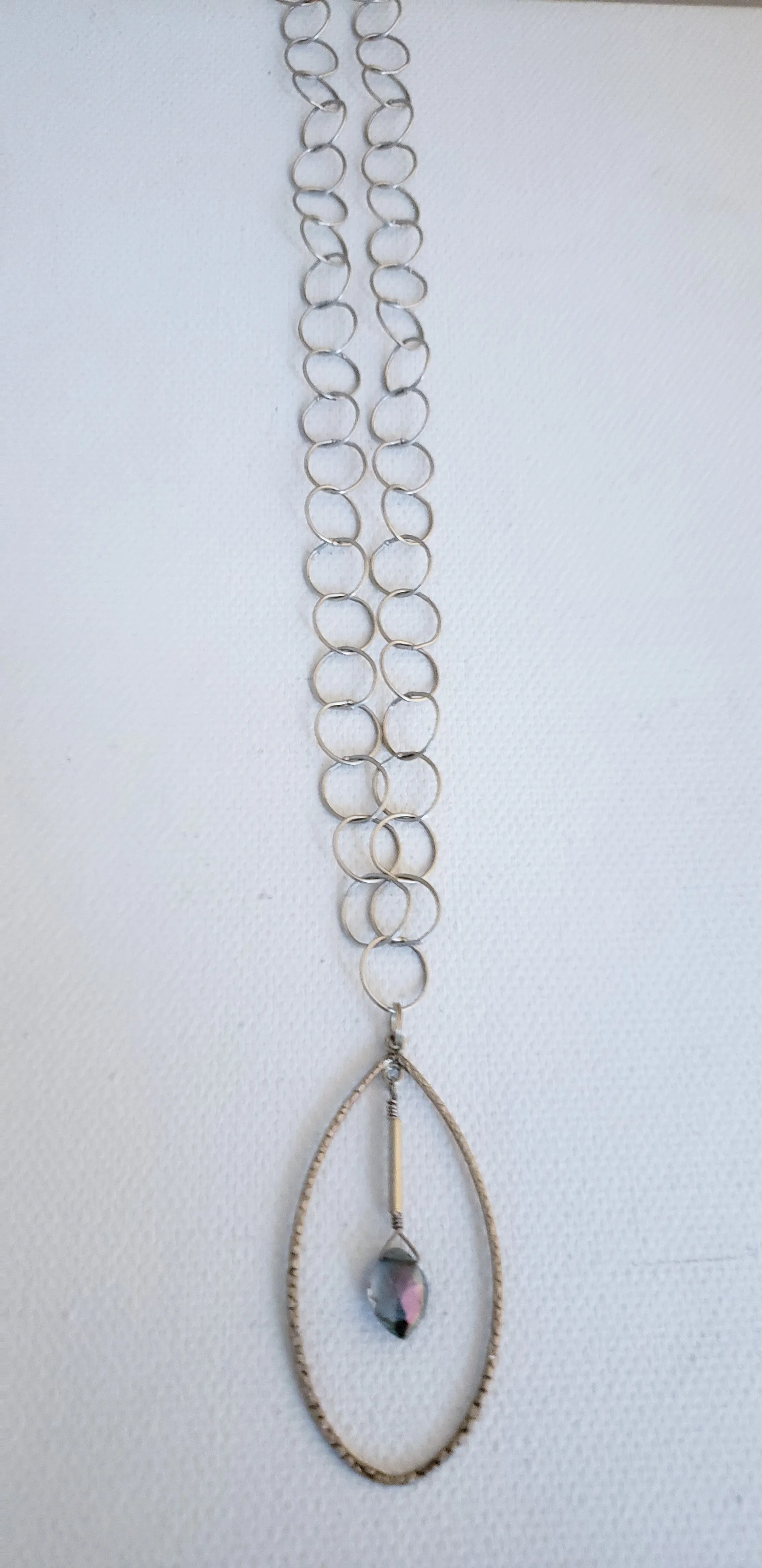 Brushed Oval Pendant Necklace with Iridescent Mystic Topaz Drop on Sterling Silver Chain.