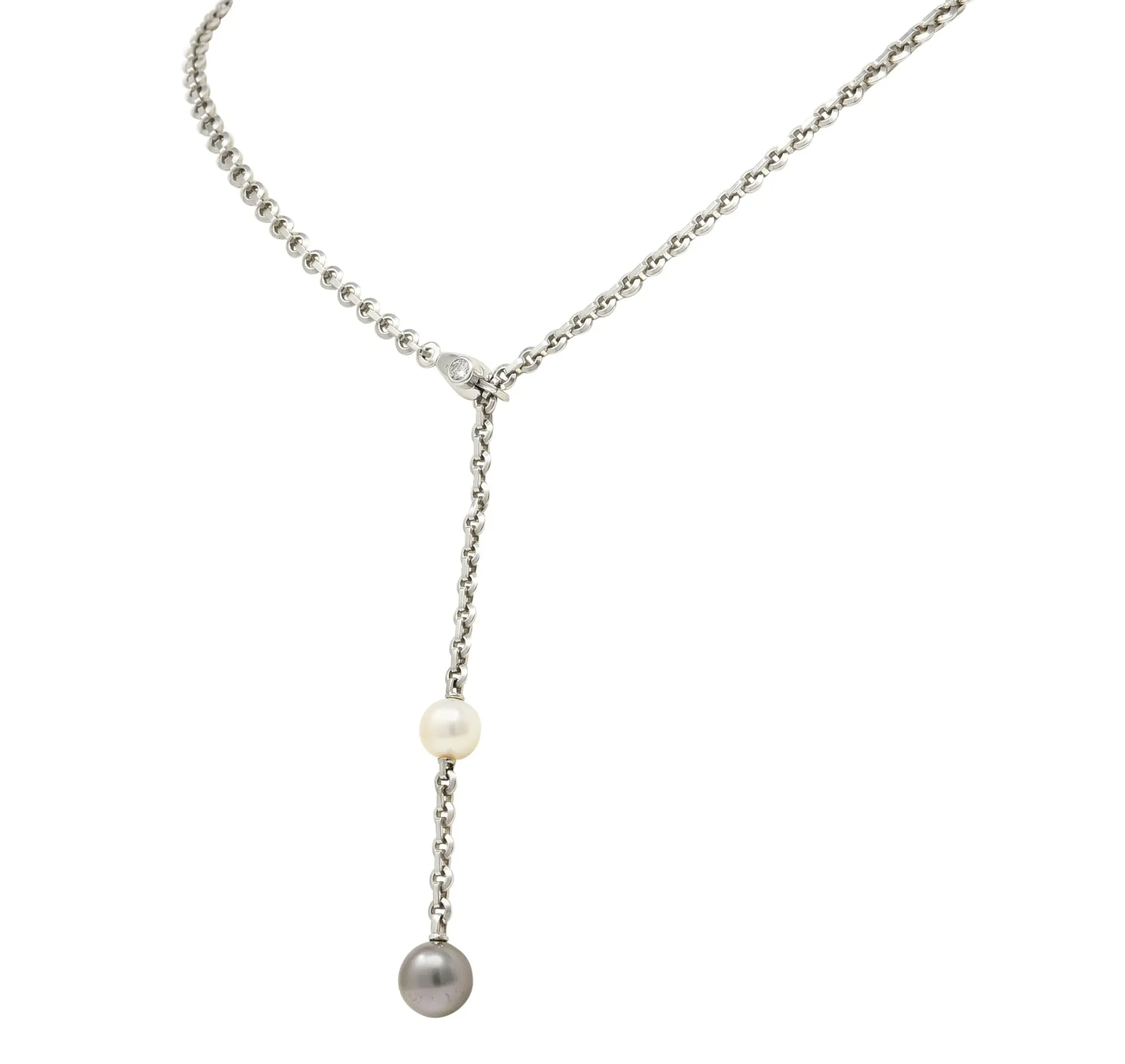 Cartier 2001 Diamond Cultured Pearl 18 Karat White Gold Lariat Drop Necklace