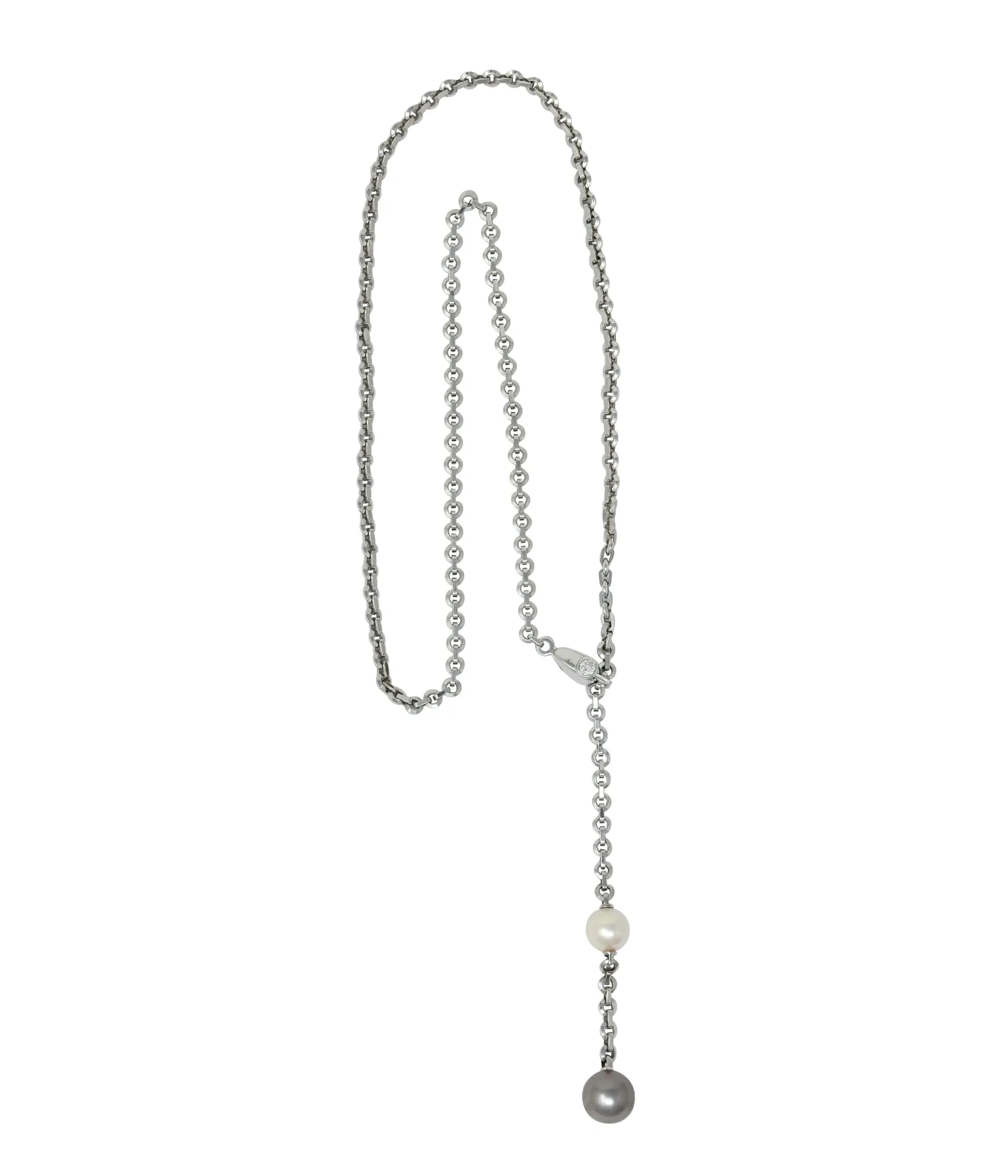Cartier 2001 Diamond Cultured Pearl 18 Karat White Gold Lariat Drop Necklace