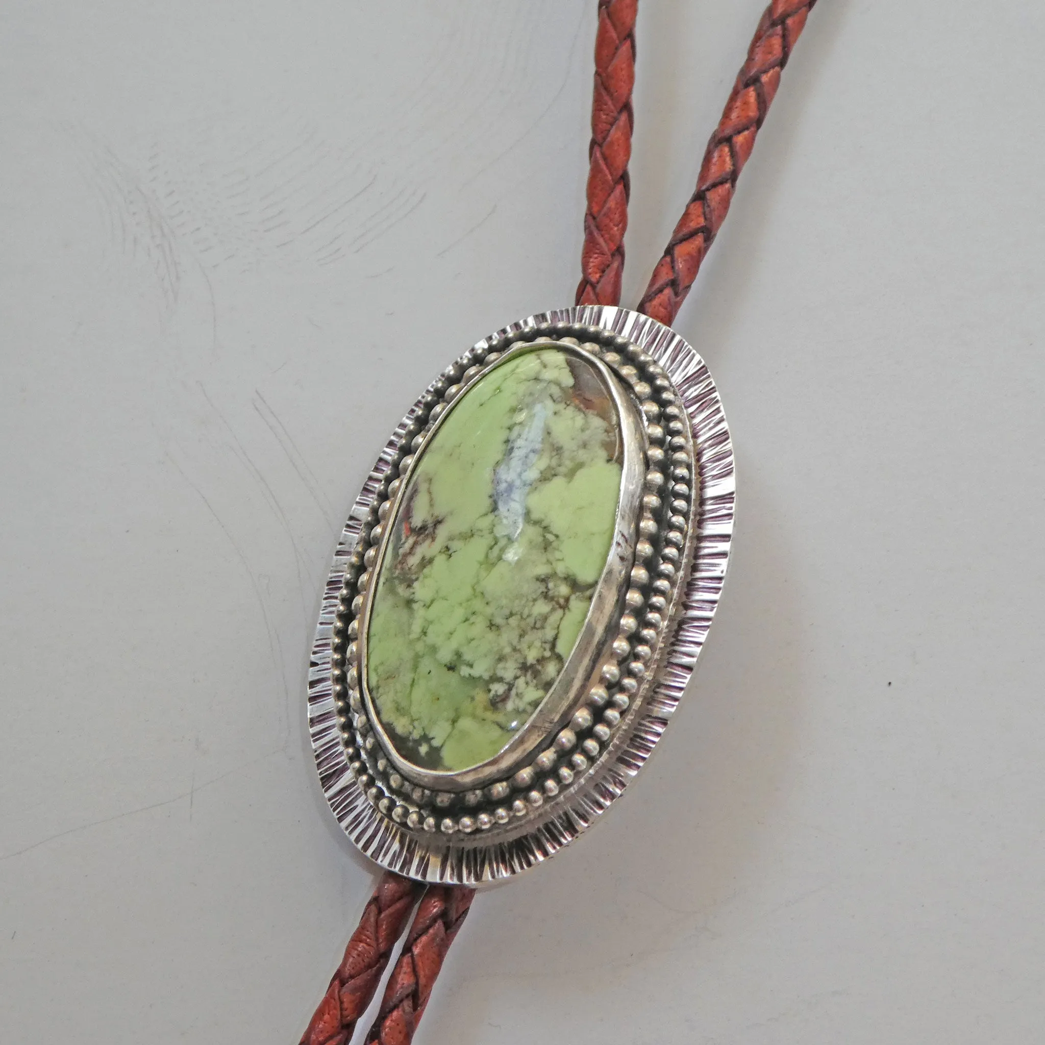 Chrysocolla Solid Sterling Silver Bolo on Braided Leather Cord
