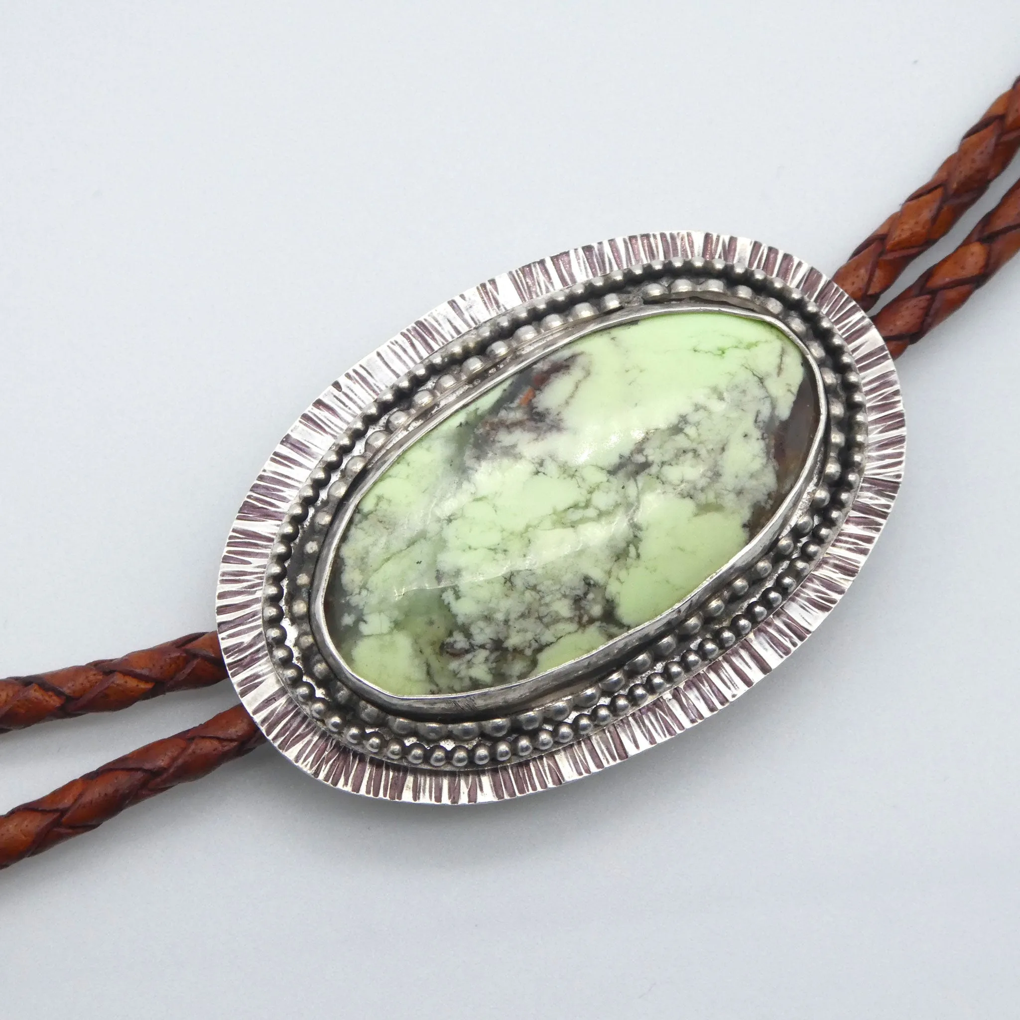 Chrysocolla Solid Sterling Silver Bolo on Braided Leather Cord