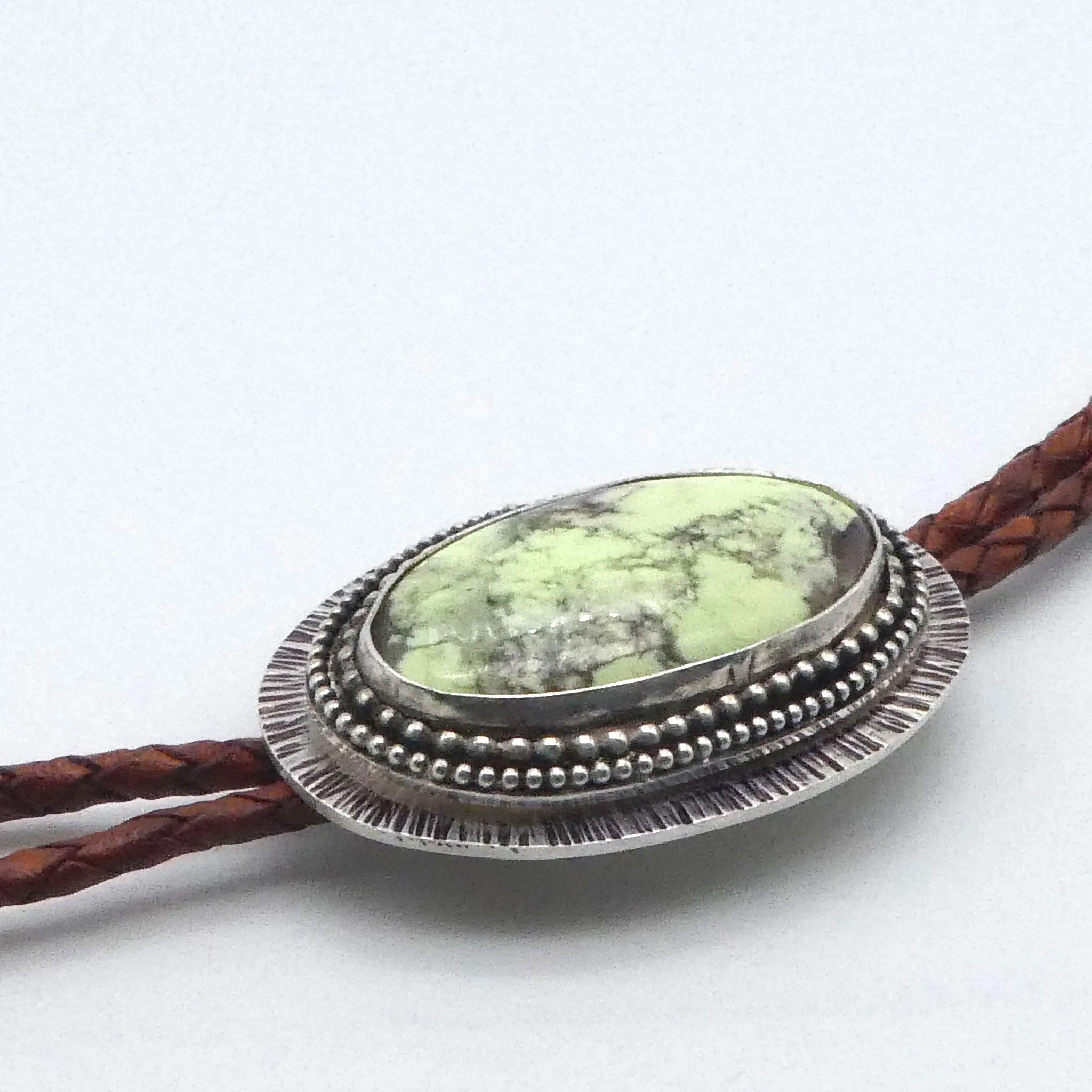 Chrysocolla Solid Sterling Silver Bolo on Braided Leather Cord