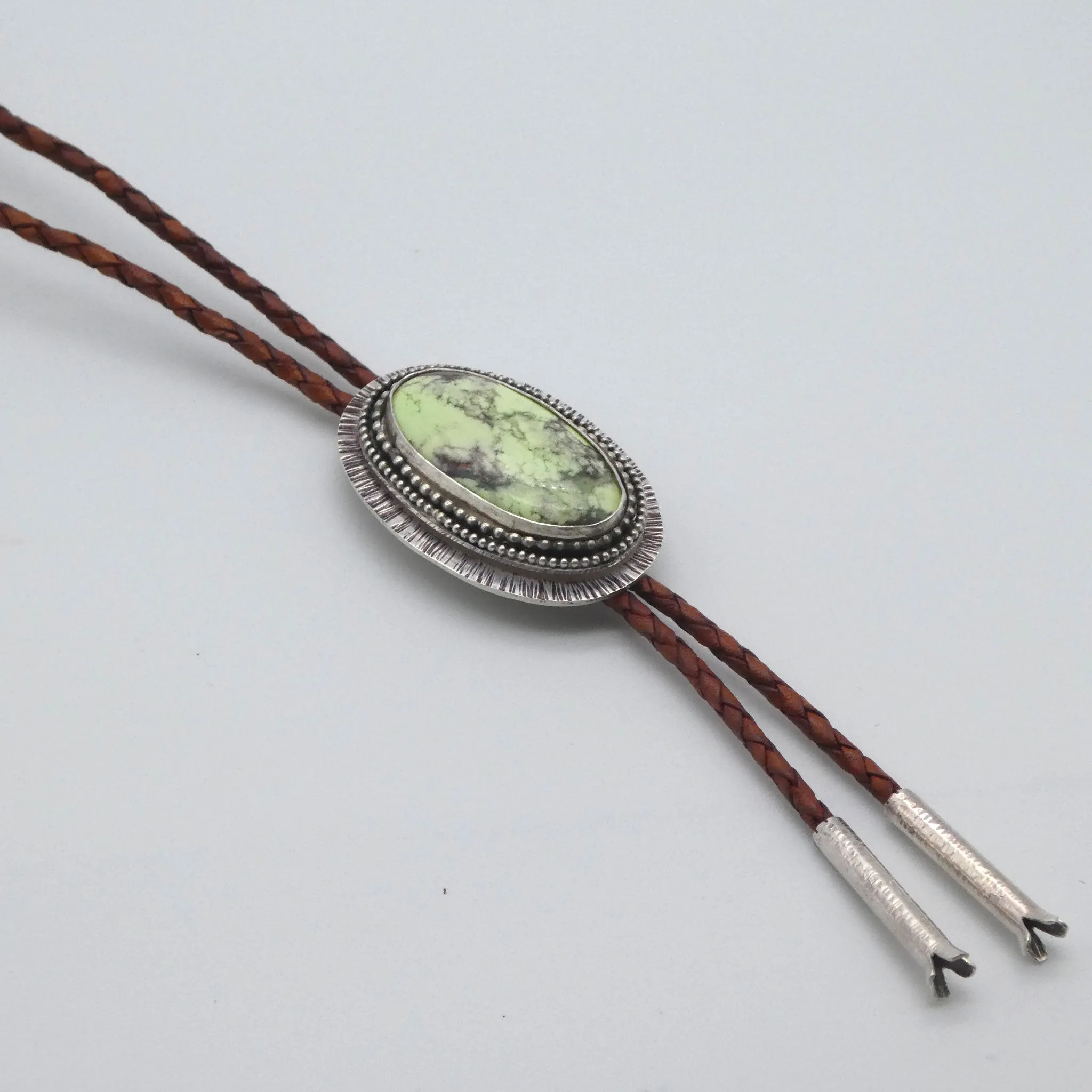 Chrysocolla Solid Sterling Silver Bolo on Braided Leather Cord