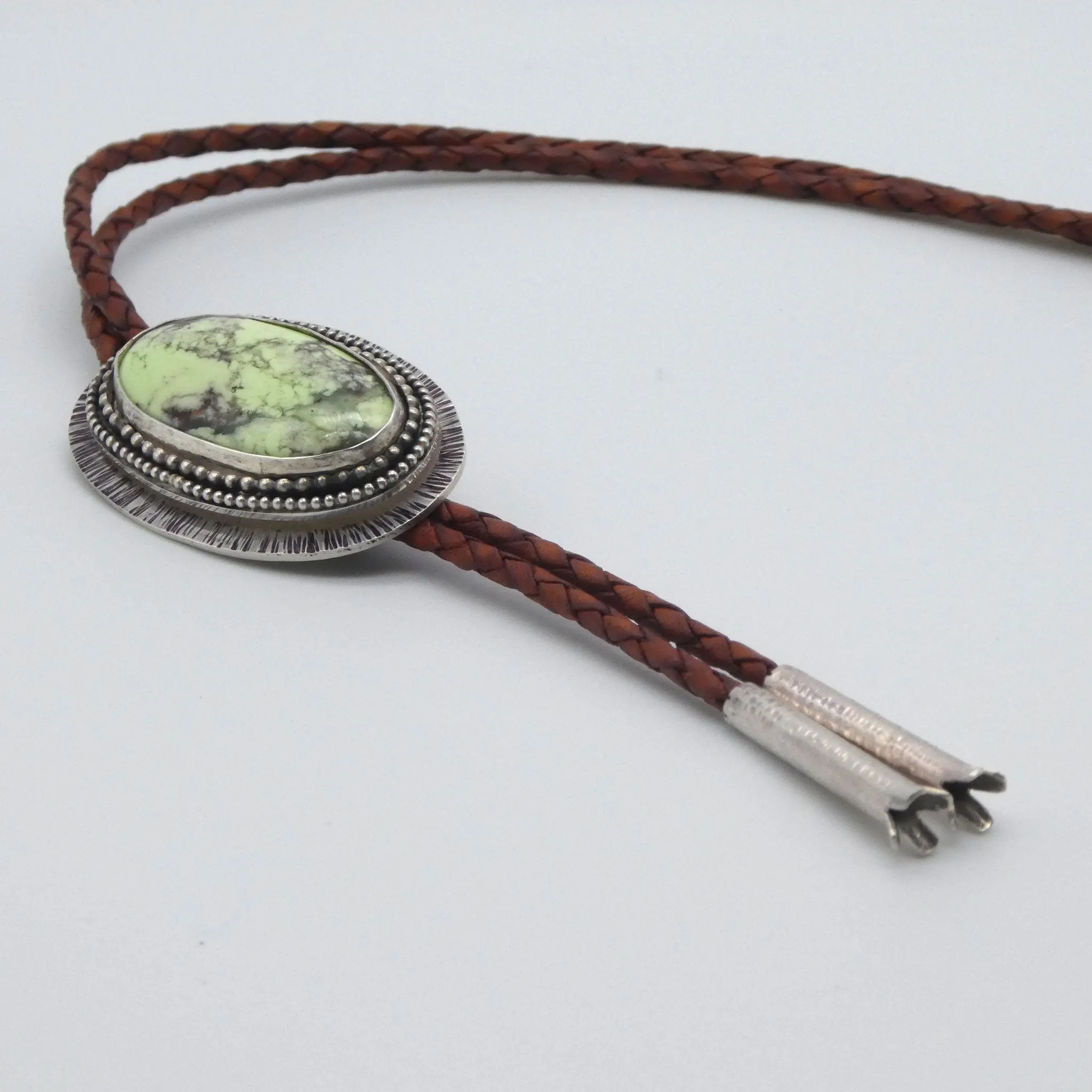 Chrysocolla Solid Sterling Silver Bolo on Braided Leather Cord