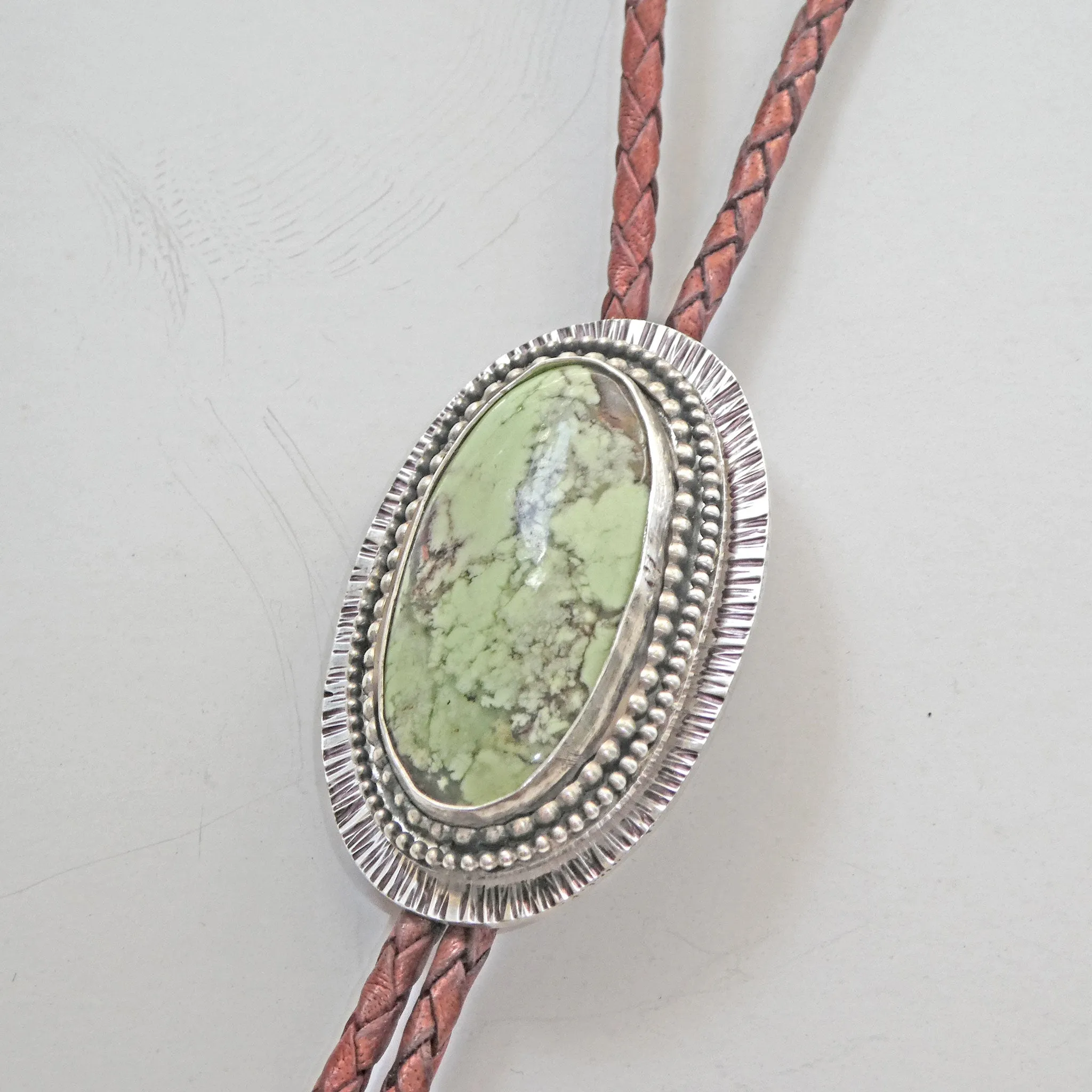 Chrysocolla Solid Sterling Silver Bolo on Braided Leather Cord