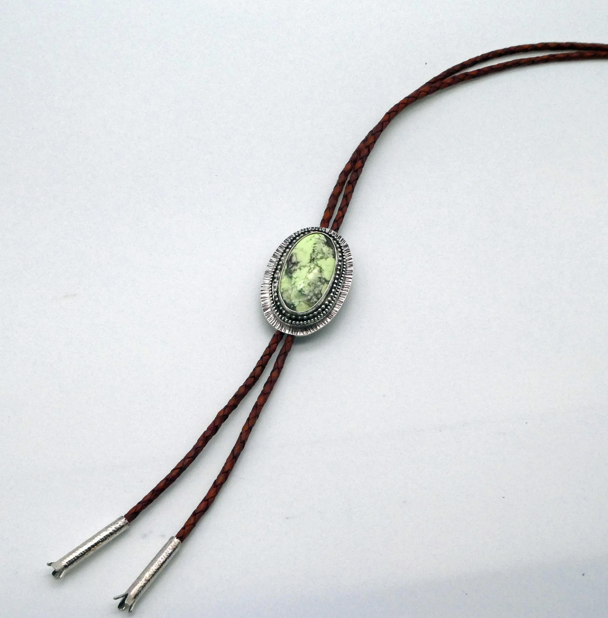 Chrysocolla Solid Sterling Silver Bolo on Braided Leather Cord