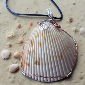 Cockle Seashell Pendant with Silver & Copper Wire Wrap and Flower Swirls on Faux Leather Necklac