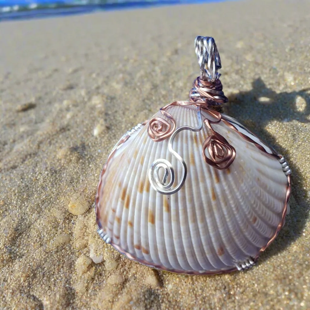Cockle Seashell Pendant with Silver & Copper Wire Wrap and Flower Swirls on Faux Leather Necklac