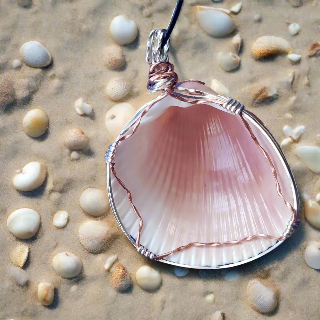 Cockle Seashell Pendant with Silver & Copper Wire Wrap and Flower Swirls on Faux Leather Necklac