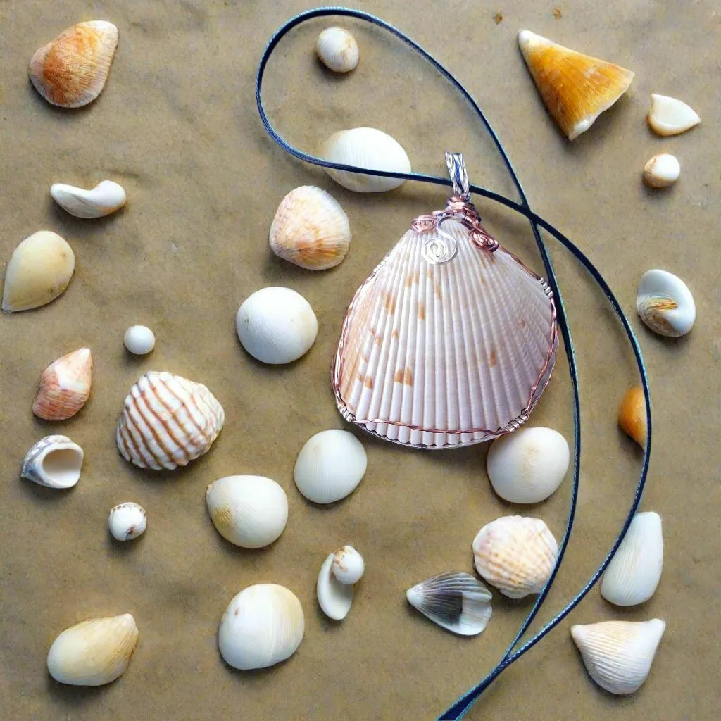 Cockle Seashell Pendant with Silver & Copper Wire Wrap and Flower Swirls on Faux Leather Necklac