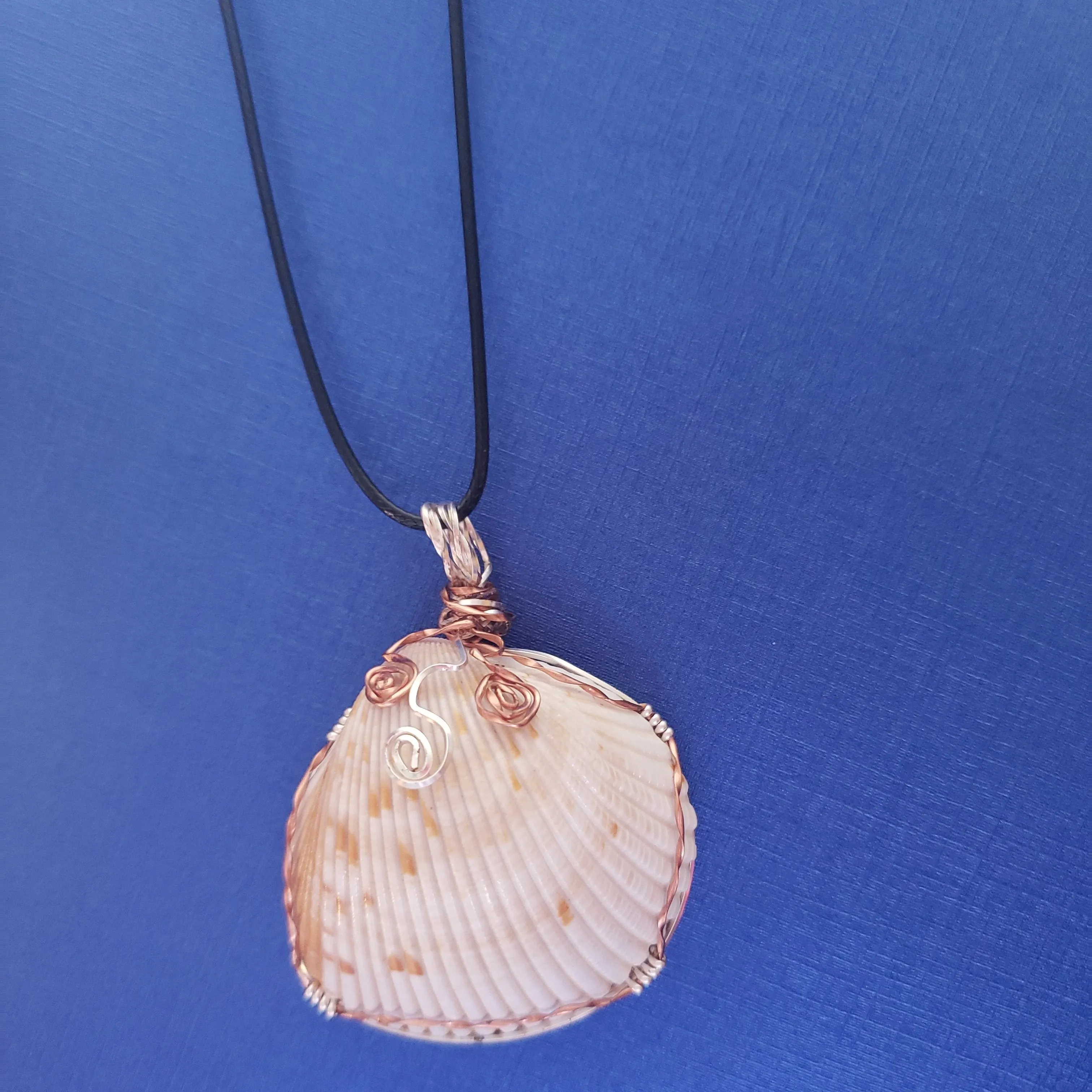 Cockle Seashell Pendant with Silver & Copper Wire Wrap and Flower Swirls on Faux Leather Necklac