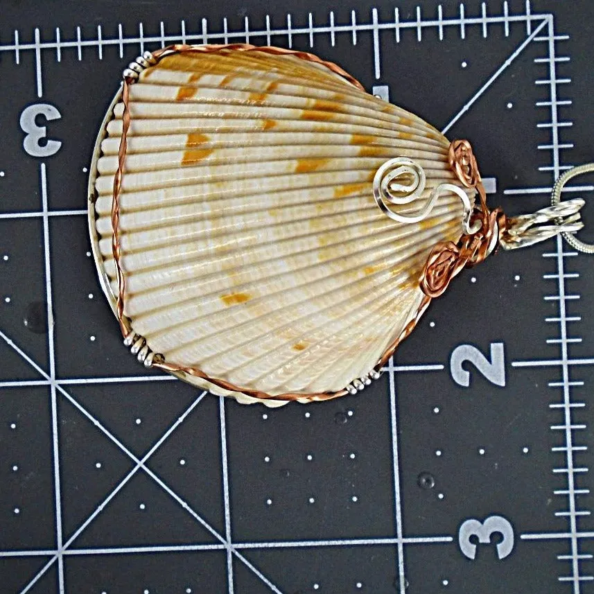 Cockle Seashell Pendant with Silver & Copper Wire Wrap and Flower Swirls on Faux Leather Necklac