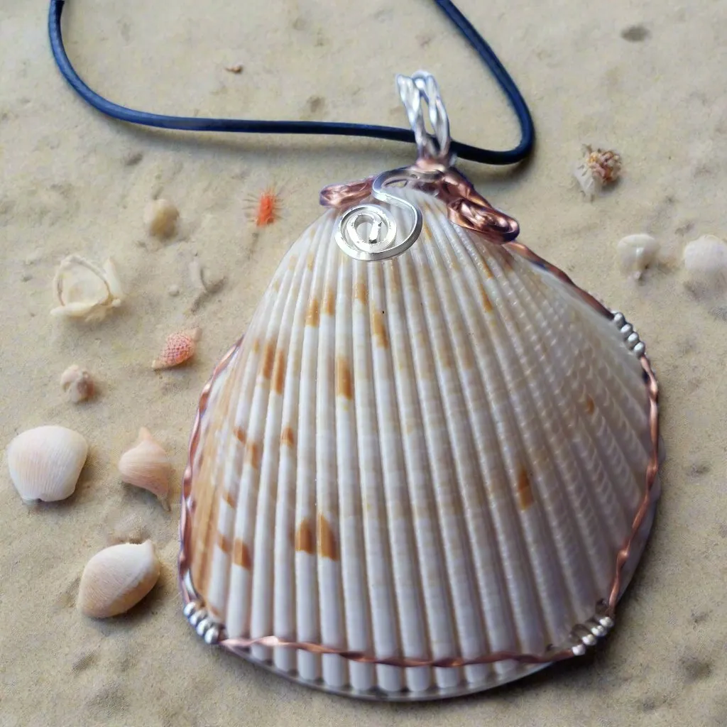 Cockle Seashell Pendant with Silver & Copper Wire Wrap and Flower Swirls on Faux Leather Necklac