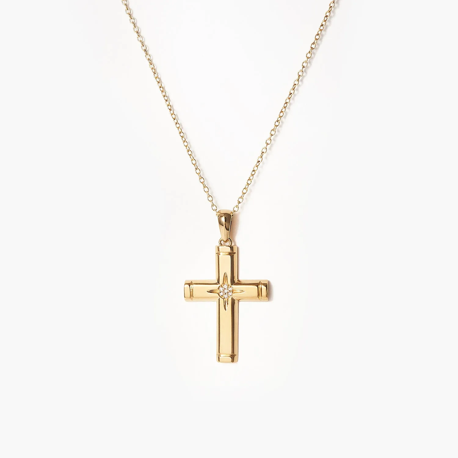 Cross Star With Diamond Beveled Cross Pendant Necklace