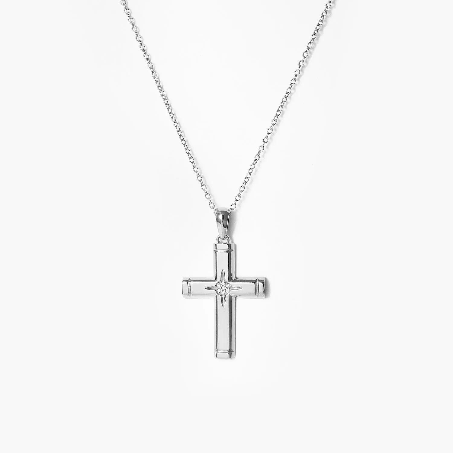 Cross Star With Diamond Beveled Cross Pendant Necklace