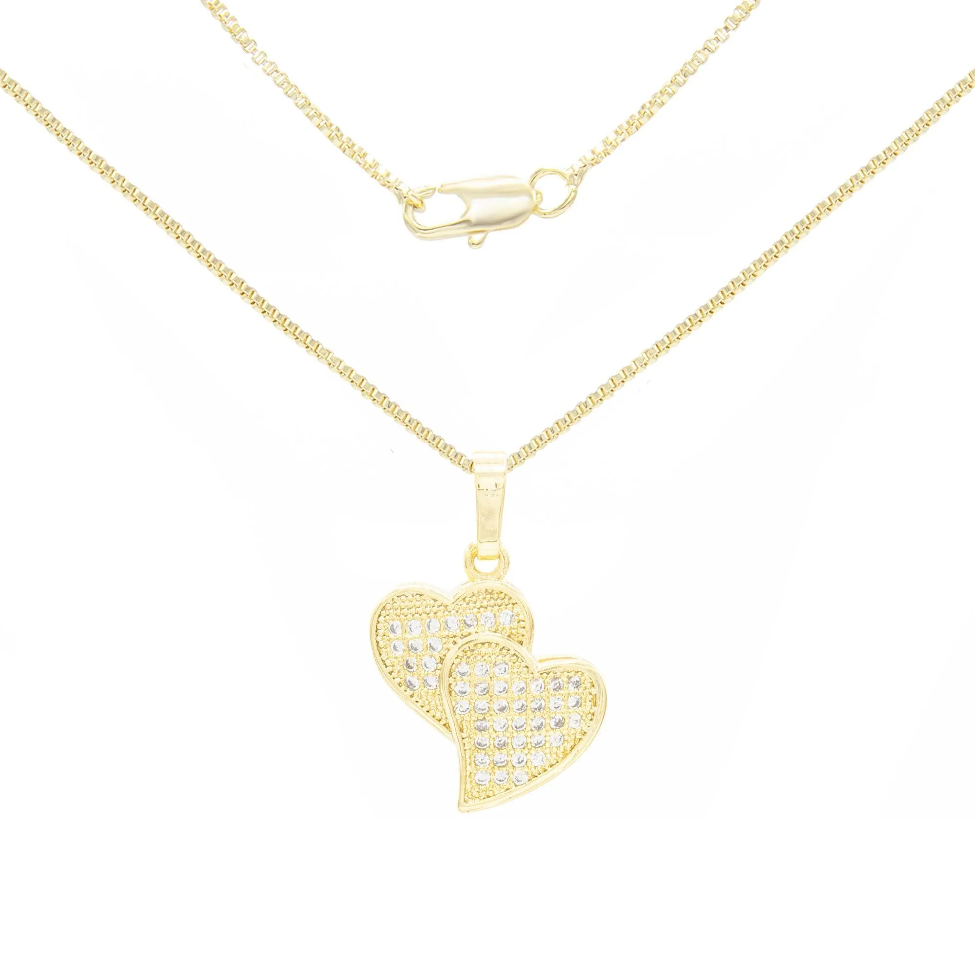 Cubic Zirconia 14K Gold Filled Double Hearts Pendant Necklace Set
