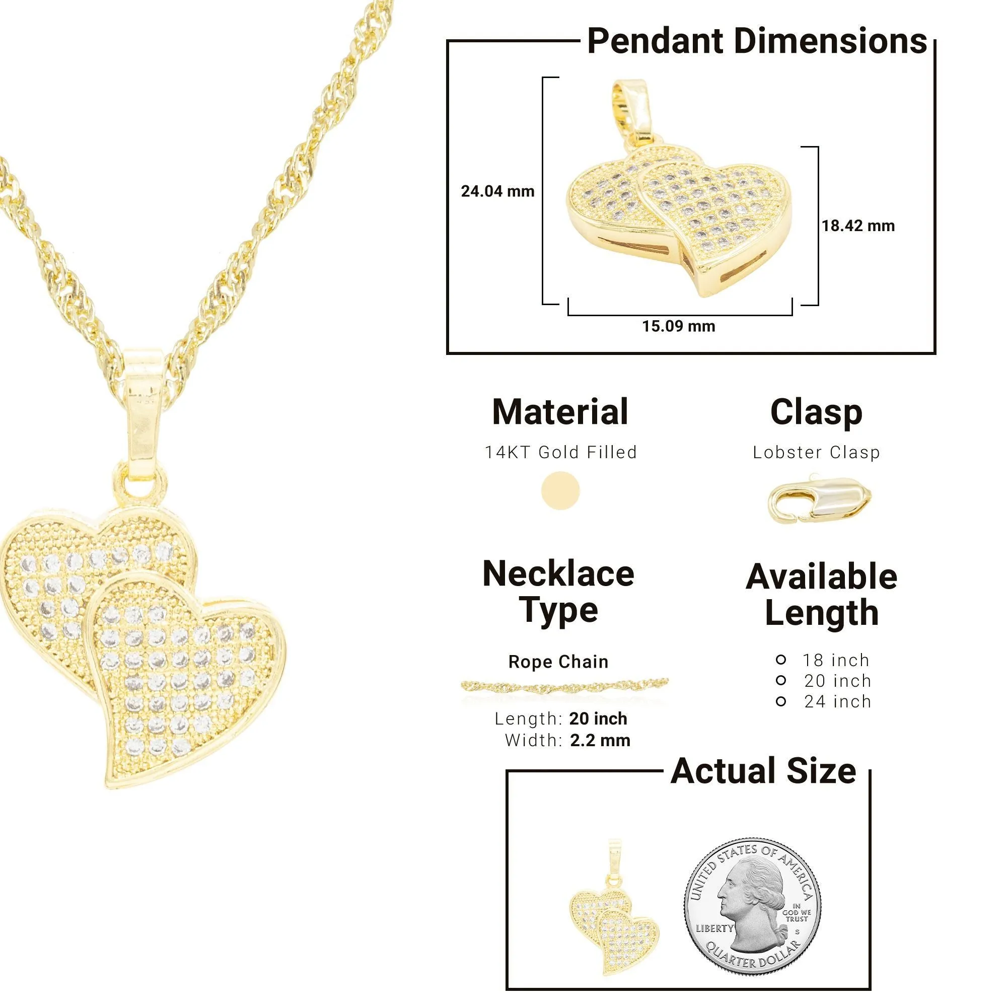 Cubic Zirconia 14K Gold Filled Double Hearts Pendant Necklace Set