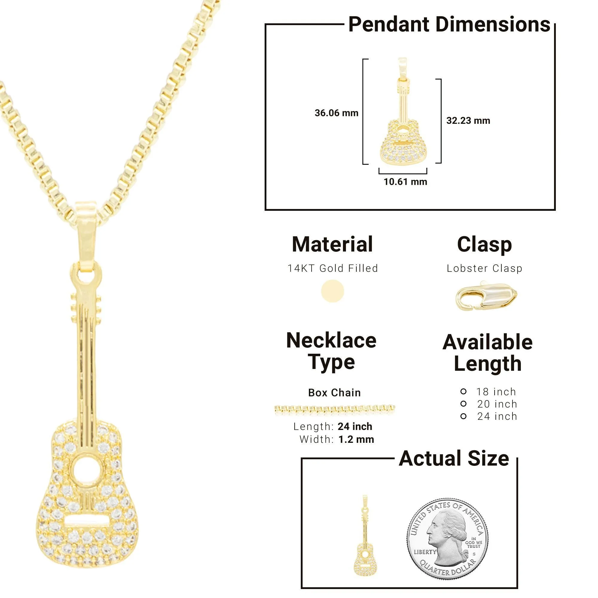 Cubic Zirconia 14K Gold Filled Guitar Pendant Necklace Set
