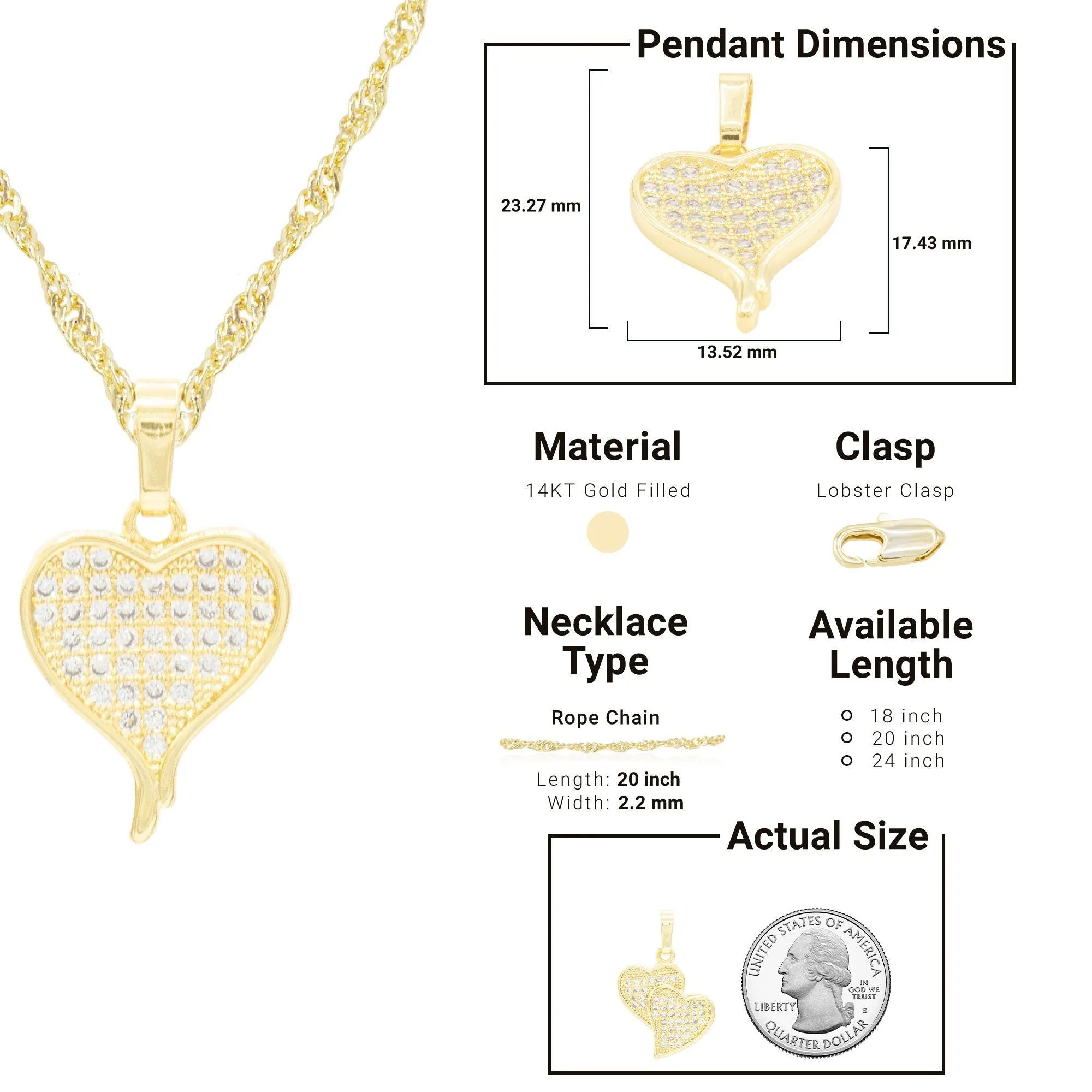 Cubic Zirconia 14K Gold Filled Heart Drip Pendant Necklace Set