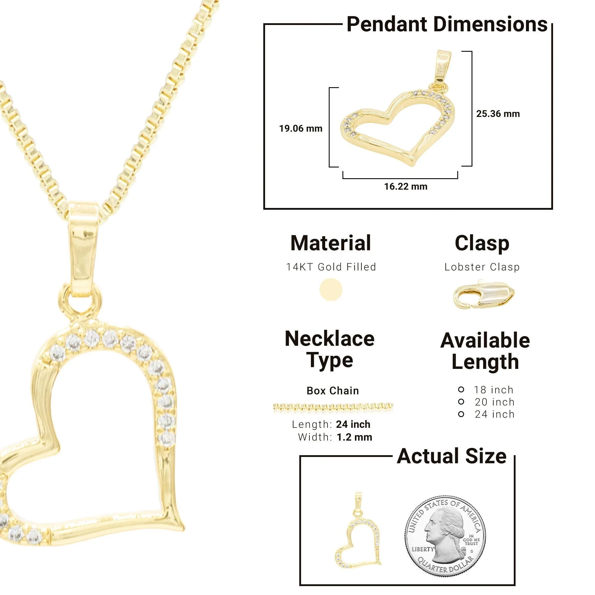 Cubic Zirconia 14K Gold Filled Heart Subtle Pendant Necklace Set