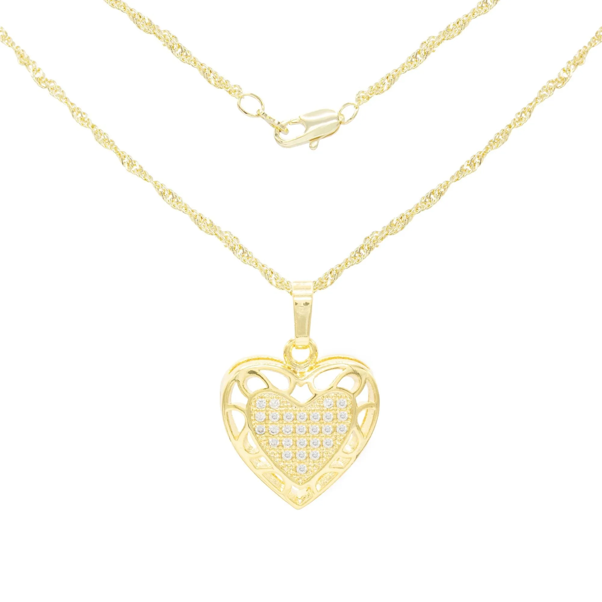 Cubic Zirconia 14K Gold Filled Hollow Heart Pendant Necklace Set