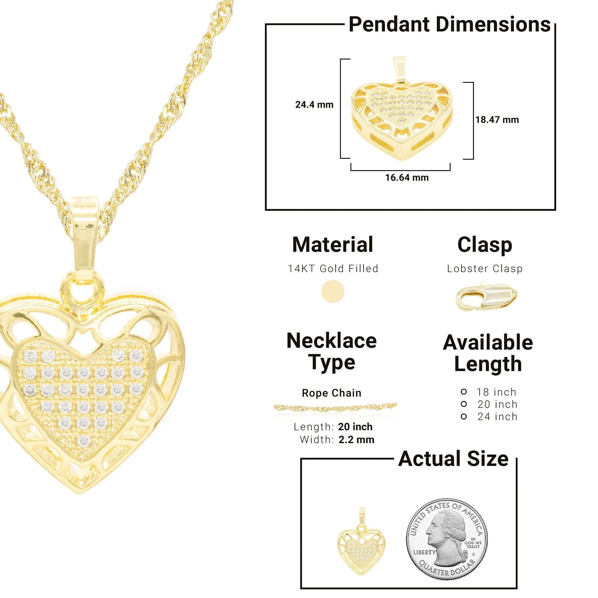 Cubic Zirconia 14K Gold Filled Hollow Heart Pendant Necklace Set