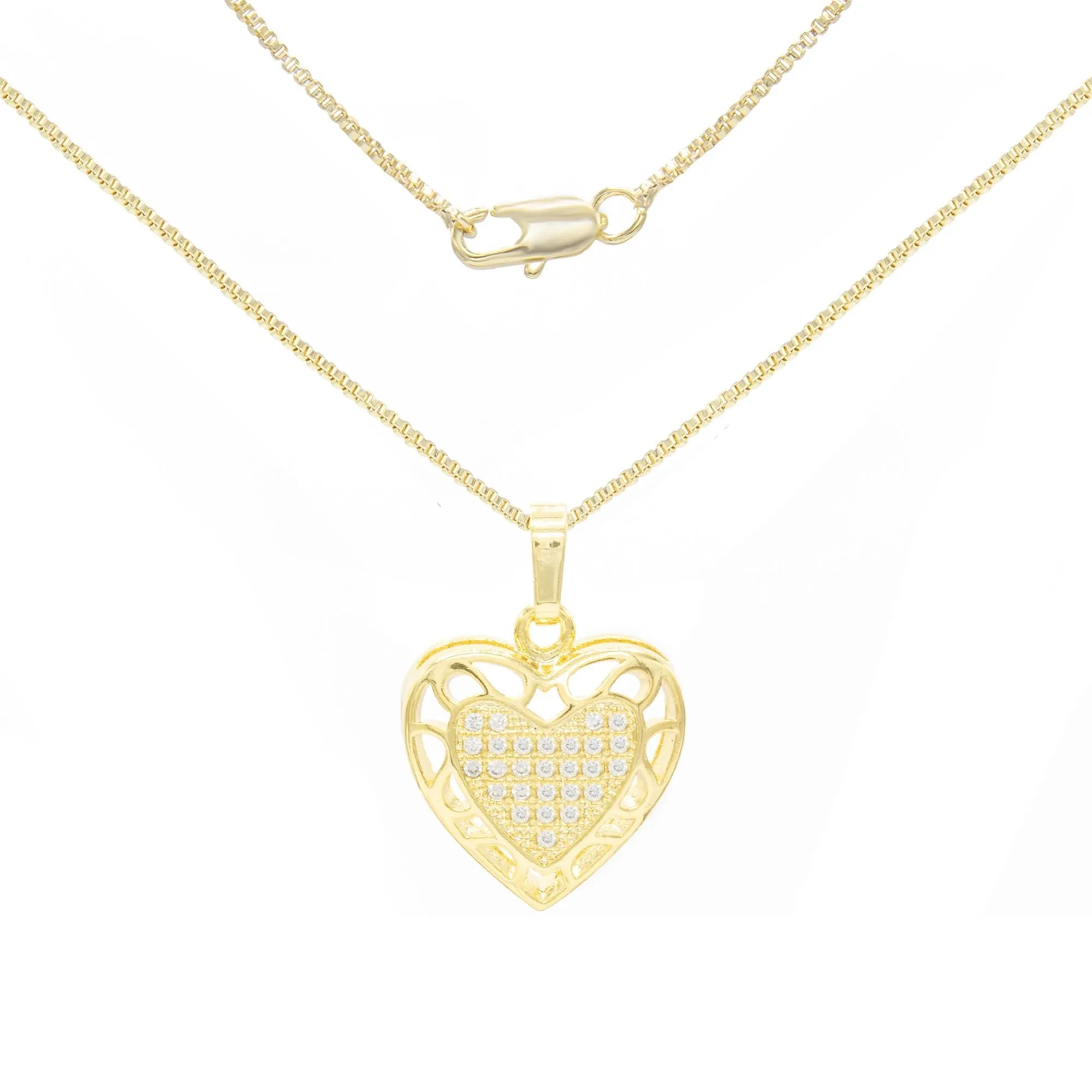 Cubic Zirconia 14K Gold Filled Hollow Heart Pendant Necklace Set