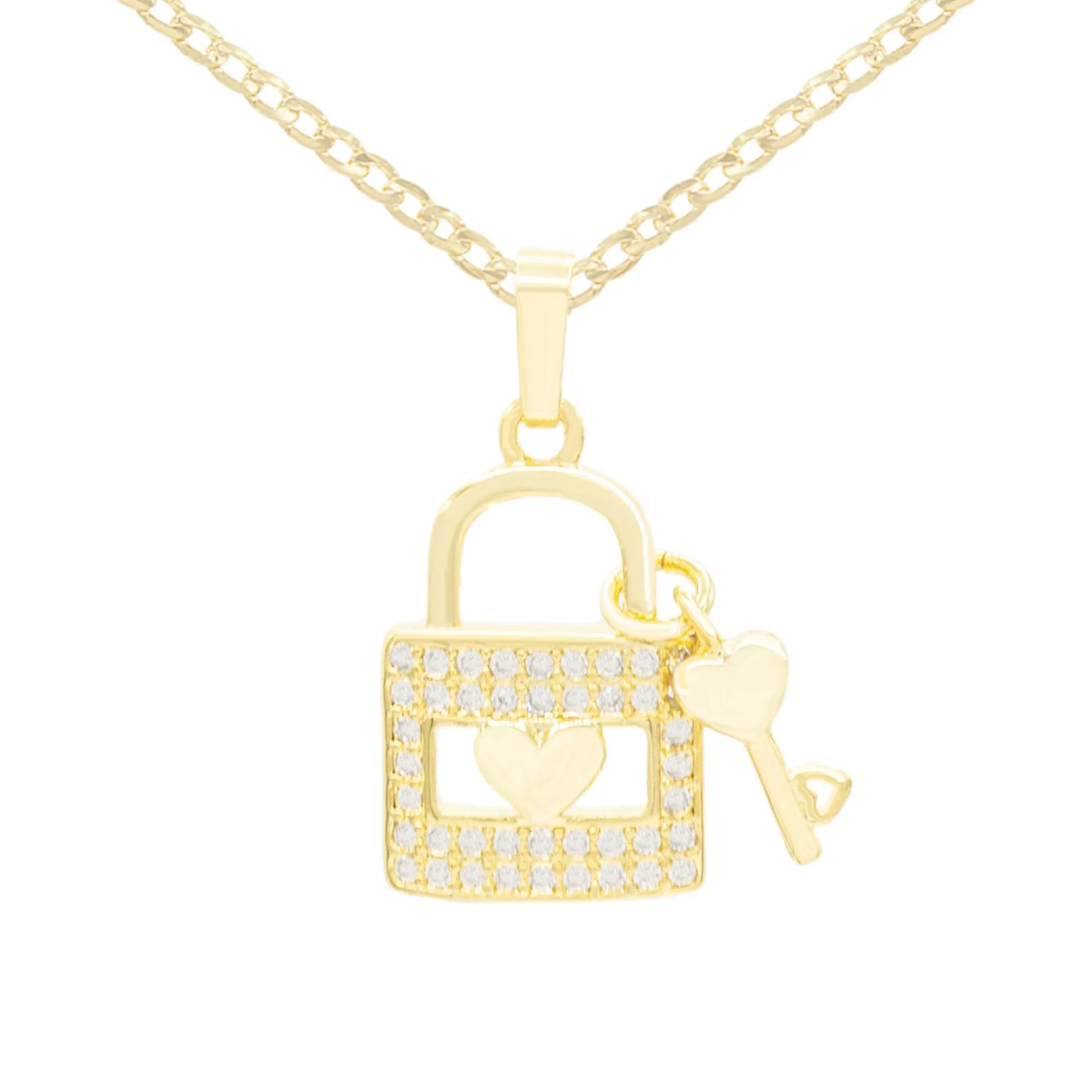 Cubic Zirconia 14K Gold Filled Lock Heart Key Pendant Necklace Set