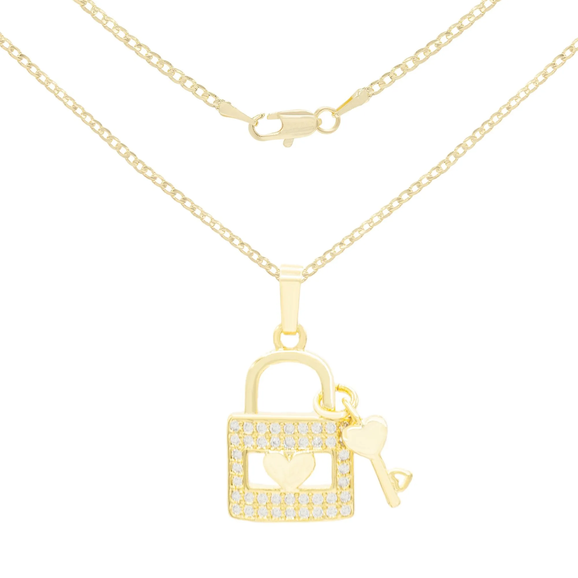 Cubic Zirconia 14K Gold Filled Lock Heart Key Pendant Necklace Set