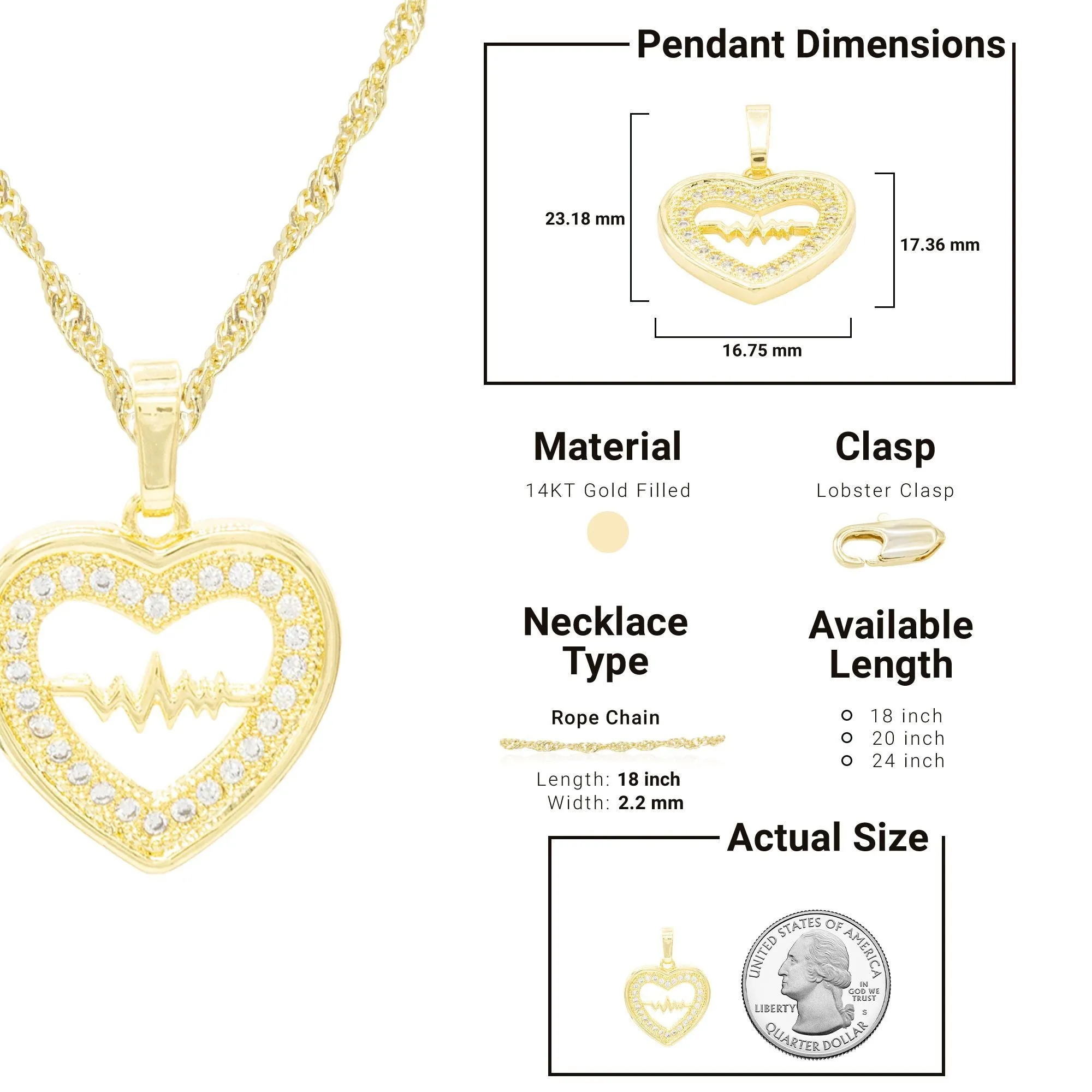 Cubic Zirconia 14K Gold Filled Pulsing Heart Pendant Necklace Set