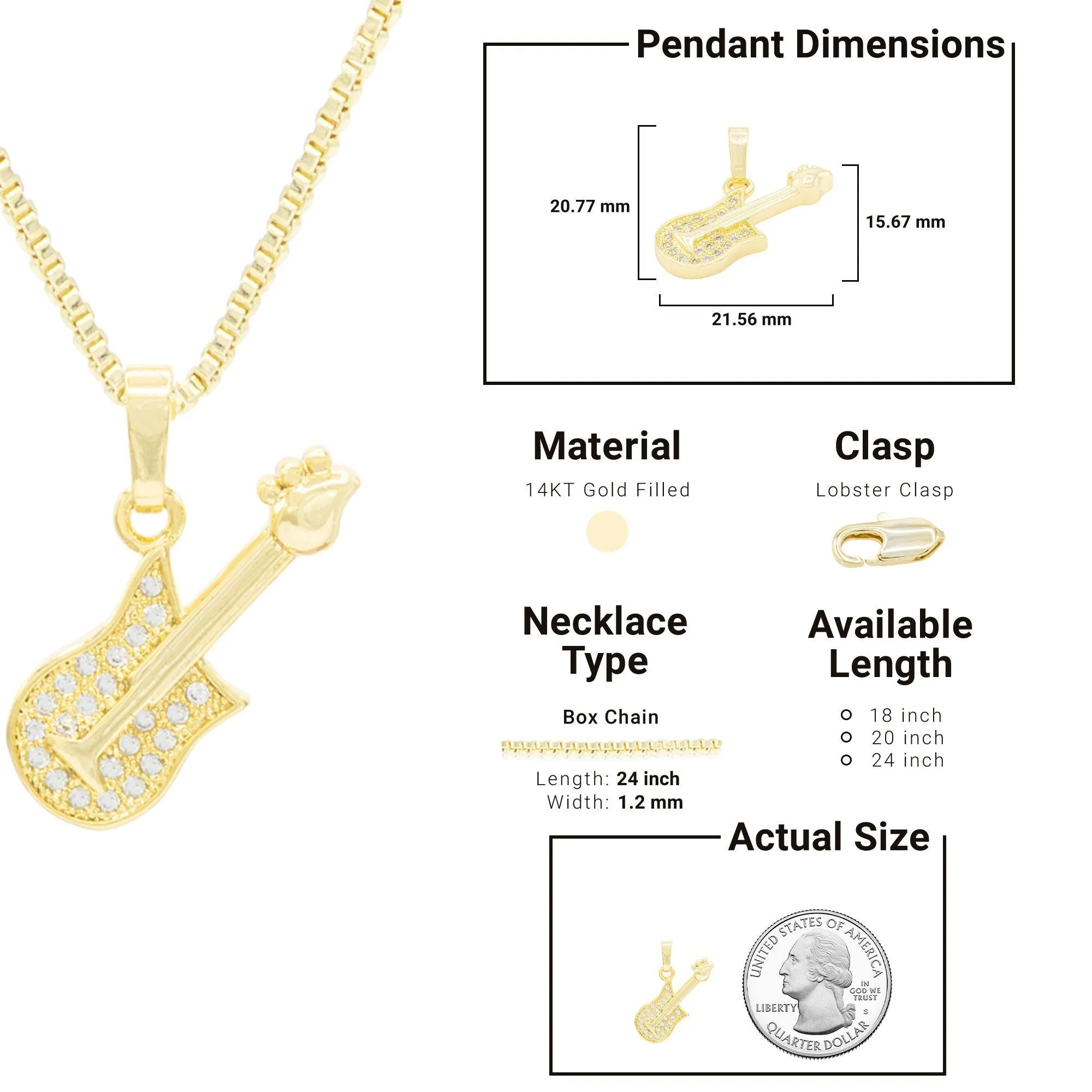 Cubic Zirconia 14K Gold Filled Rock Guitar Pendant Necklace Set