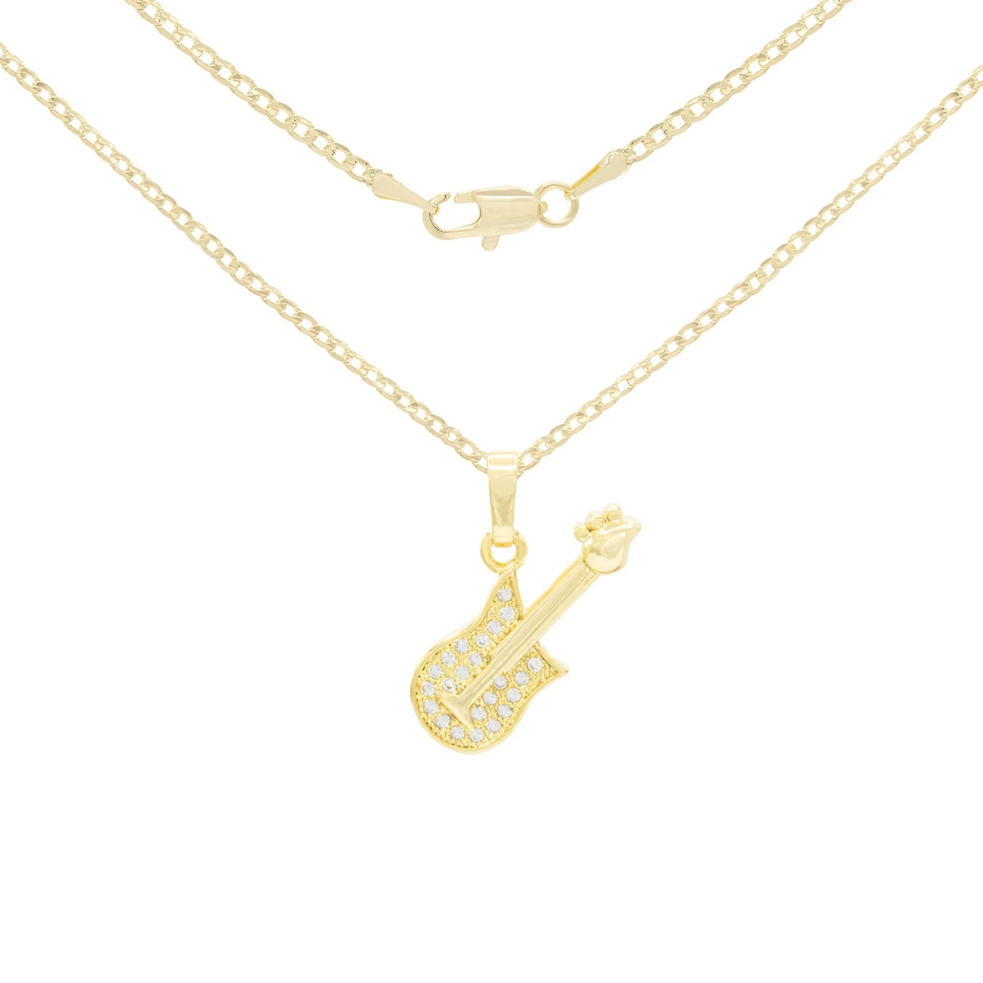 Cubic Zirconia 14K Gold Filled Rock Guitar Pendant Necklace Set