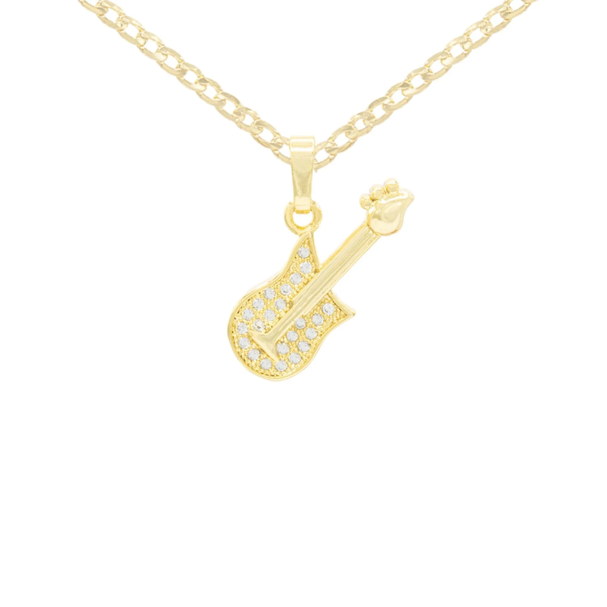Cubic Zirconia 14K Gold Filled Rock Guitar Pendant Necklace Set
