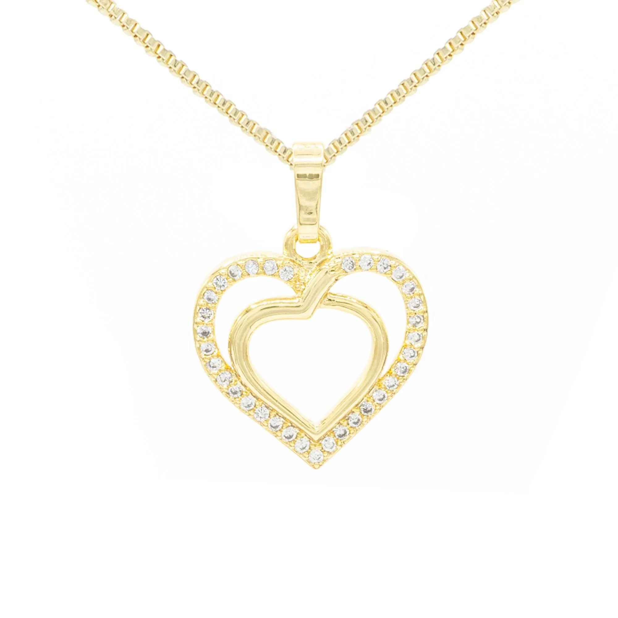 Cubic Zirconia 14K Gold Filled Twofold Heart Pendant Necklace Set