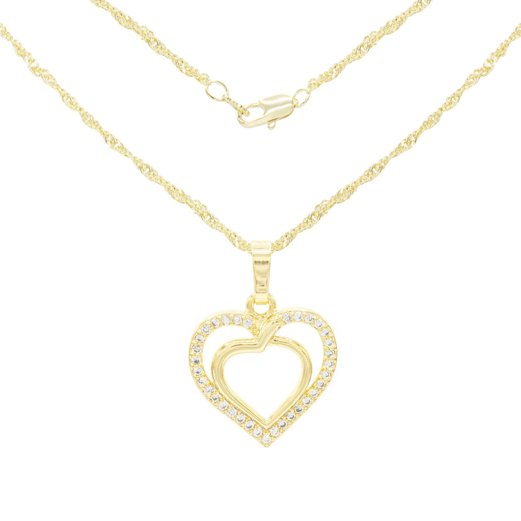 Cubic Zirconia 14K Gold Filled Twofold Heart Pendant Necklace Set