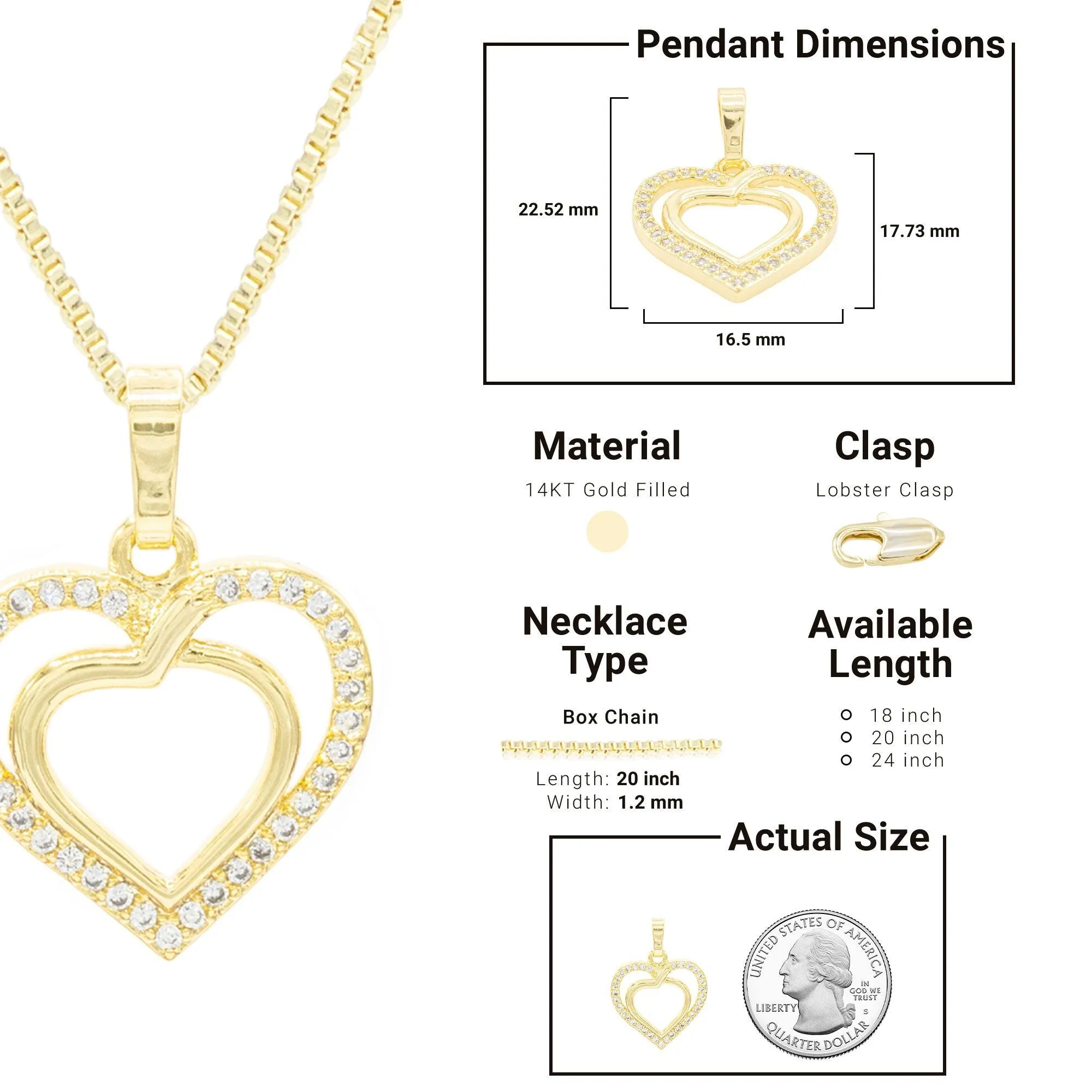 Cubic Zirconia 14K Gold Filled Twofold Heart Pendant Necklace Set