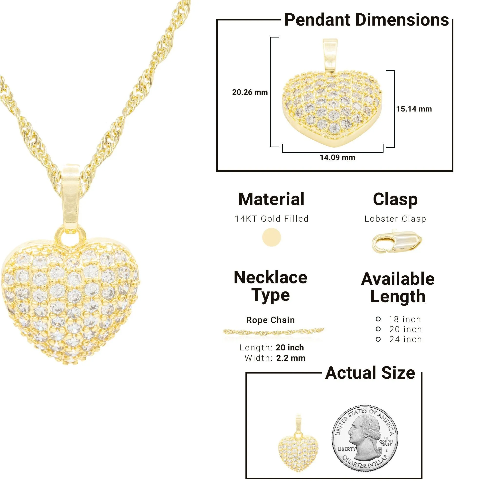 Cubic Zirconia 14K Gold Filled Voluminous Heart Pendant Necklace Set