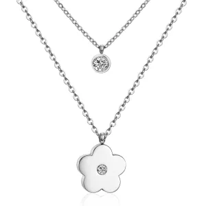 Cubic Zirconia & Silver-Plated Flower Layered Pendant Necklace