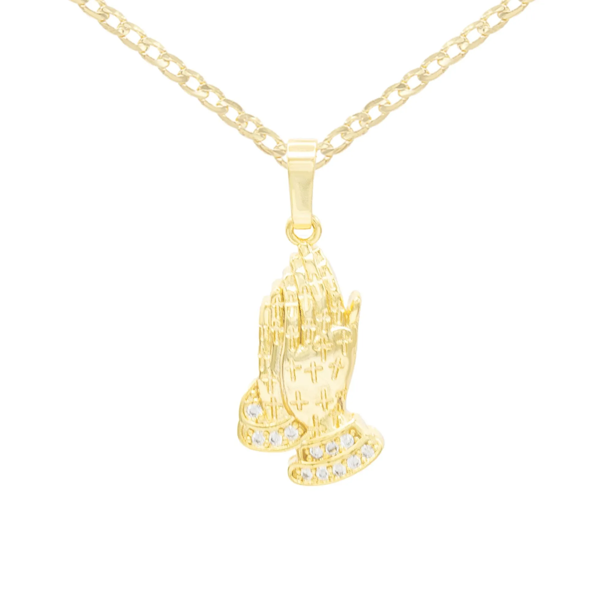 Cubic Zirconia Praying Hands Pendant 14K Gold Filled Necklace Set