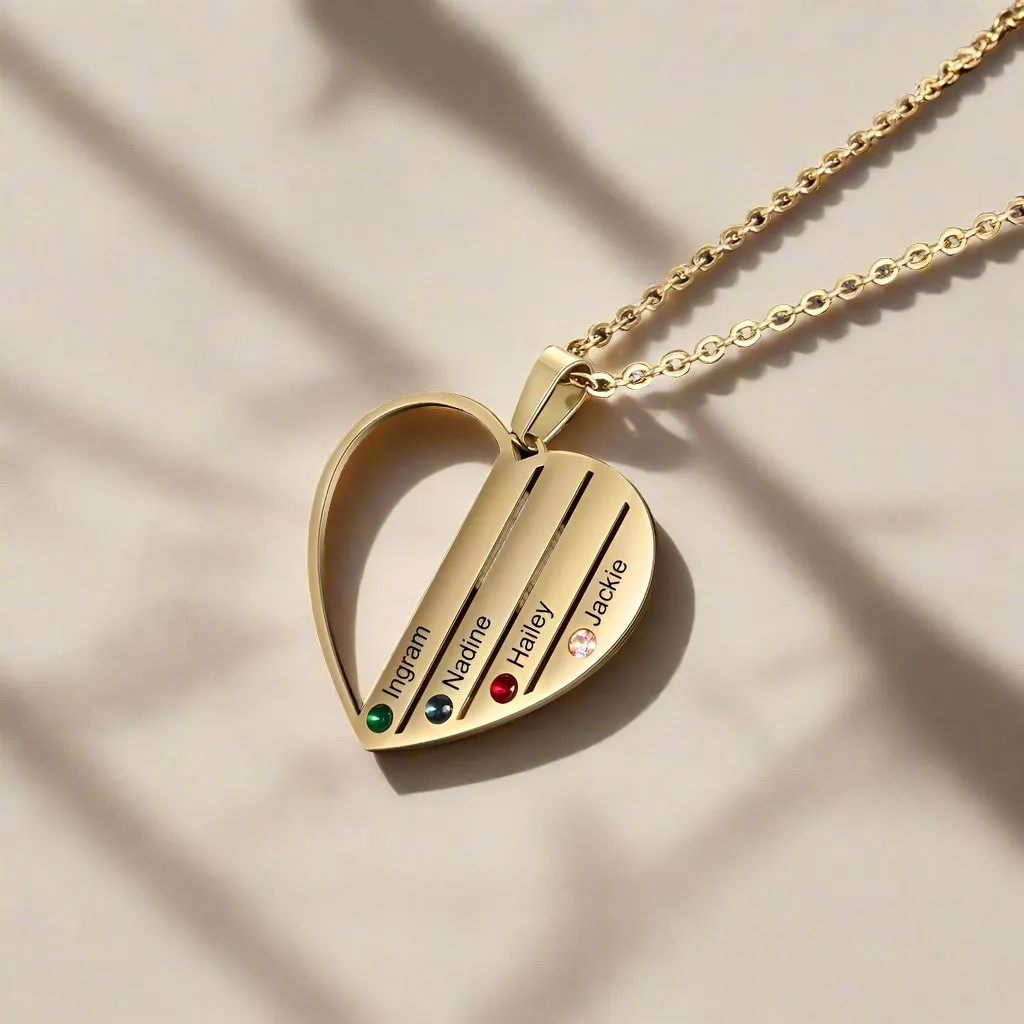 Custom Engraved Family Heart Necklace with Birthstones