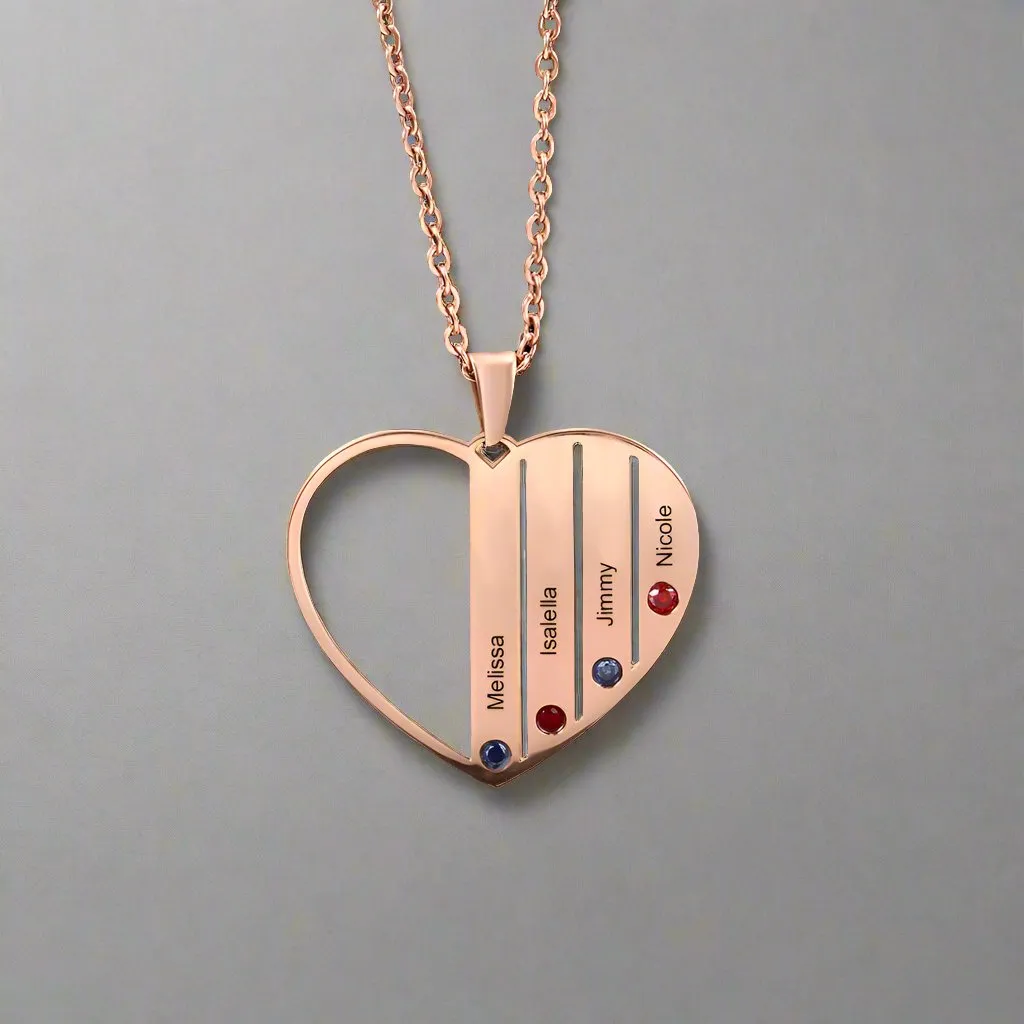 Custom Engraved Family Heart Necklace with Birthstones
